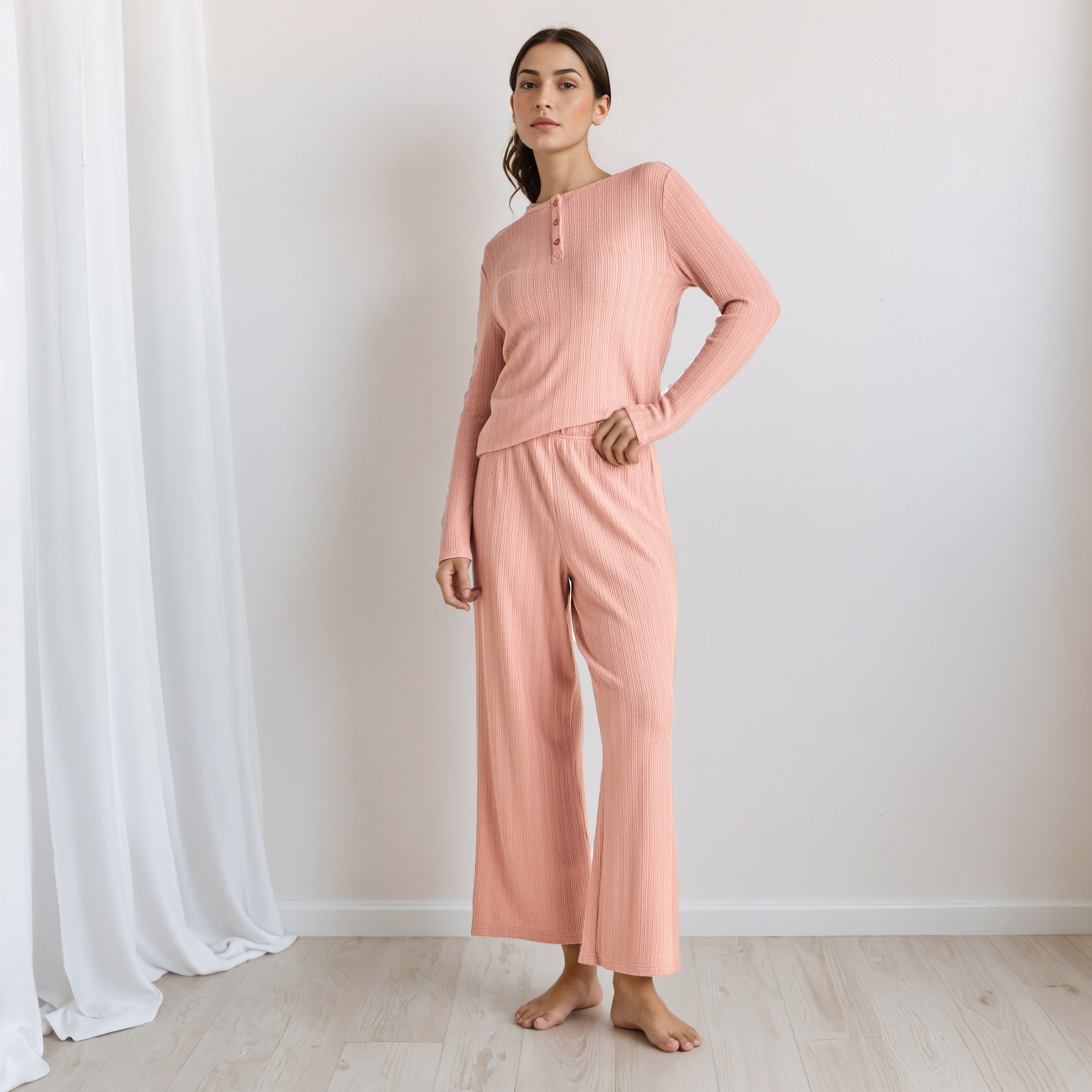 Pyjama Set Textured Top & Trousers Polyester Blend-women-clothing-nightwear-pyjamas-longsets-image-1