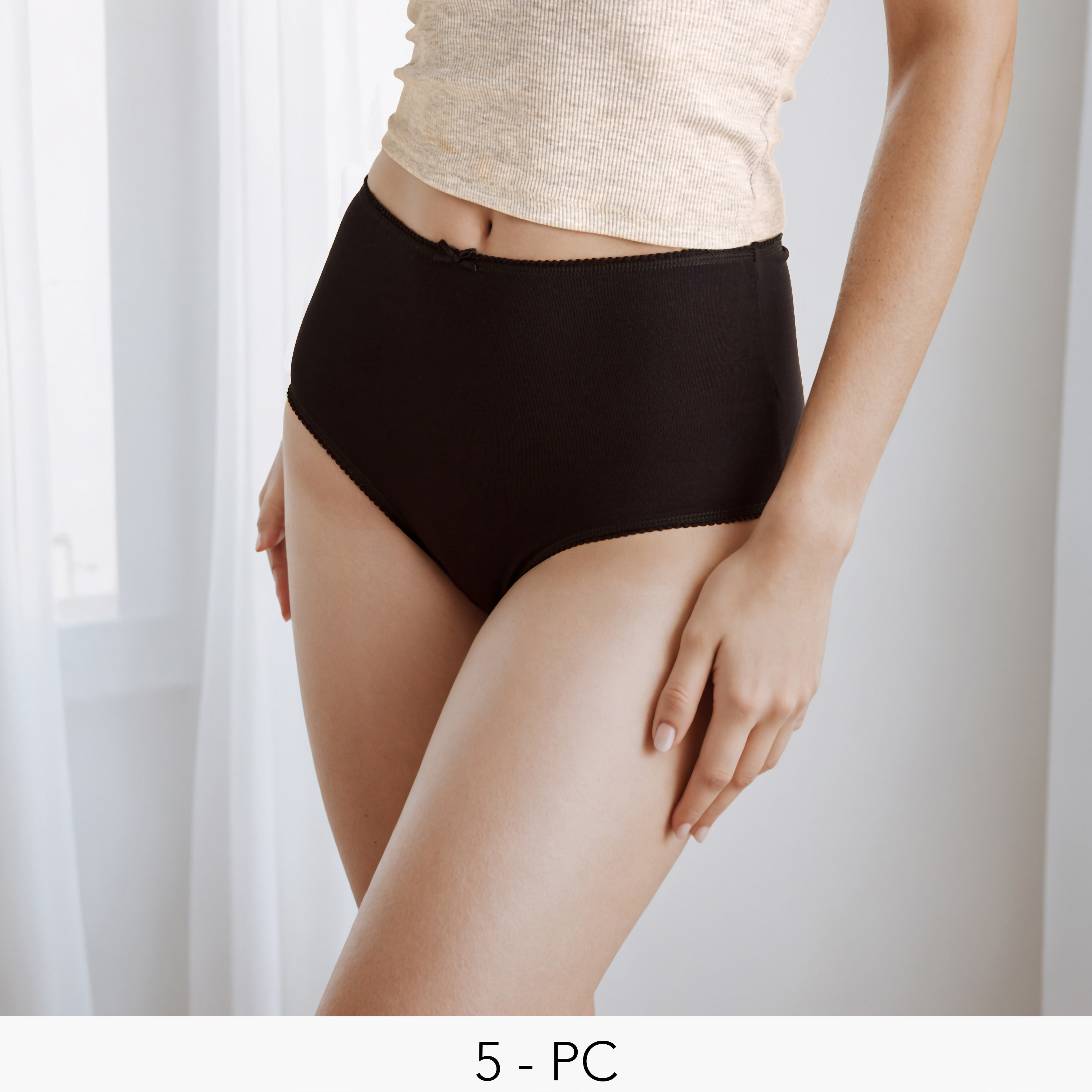 سراويل داخلية كاملة قطن مرتفعة وبحافة دانتيل – طقم من 5 قطع-women-clothing-lingerie-panties-image-1