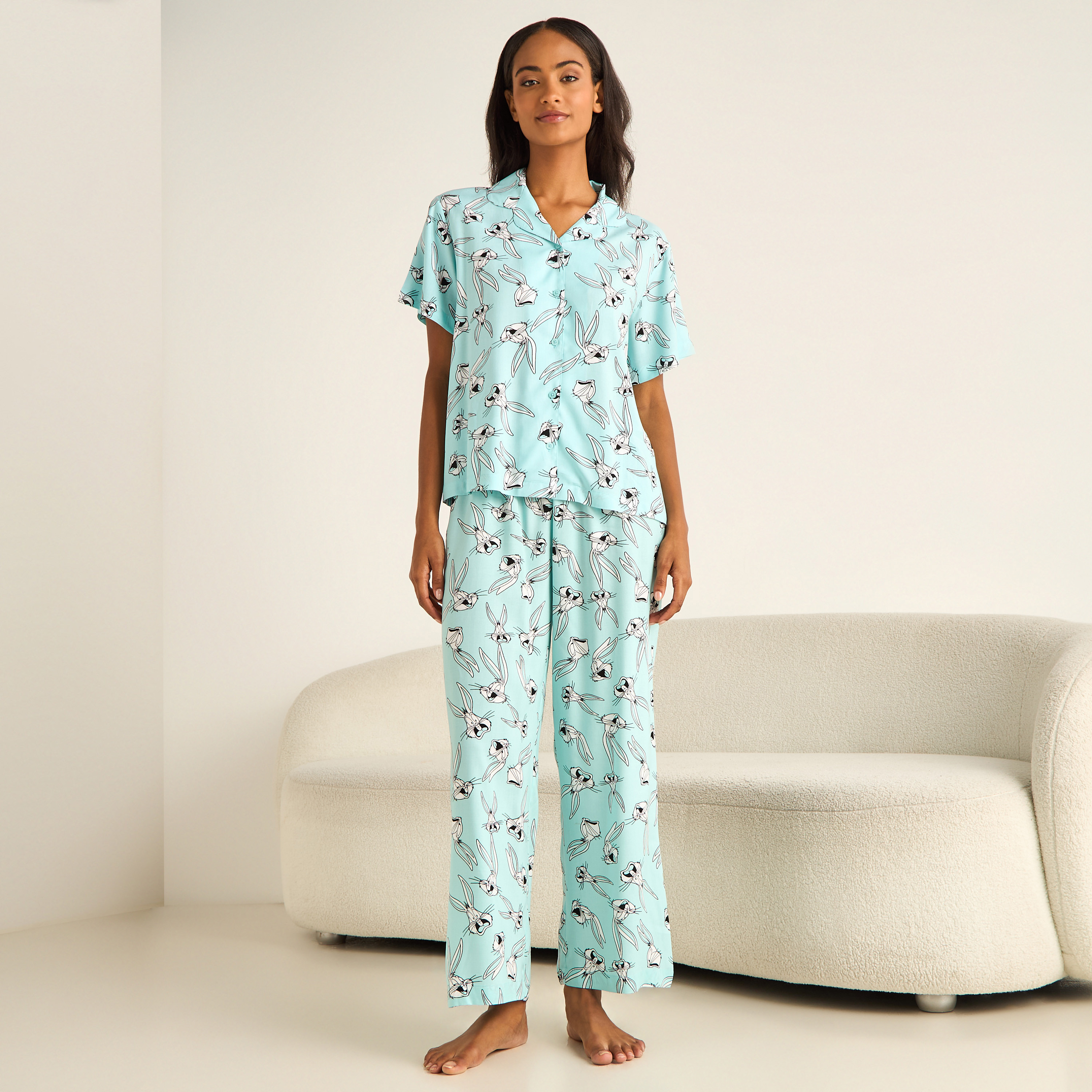 طقم بيجاما فيسكوز من بنطلون وقميص بأزرار-women-clothing-nightwear-pyjamas-longsets-image-1