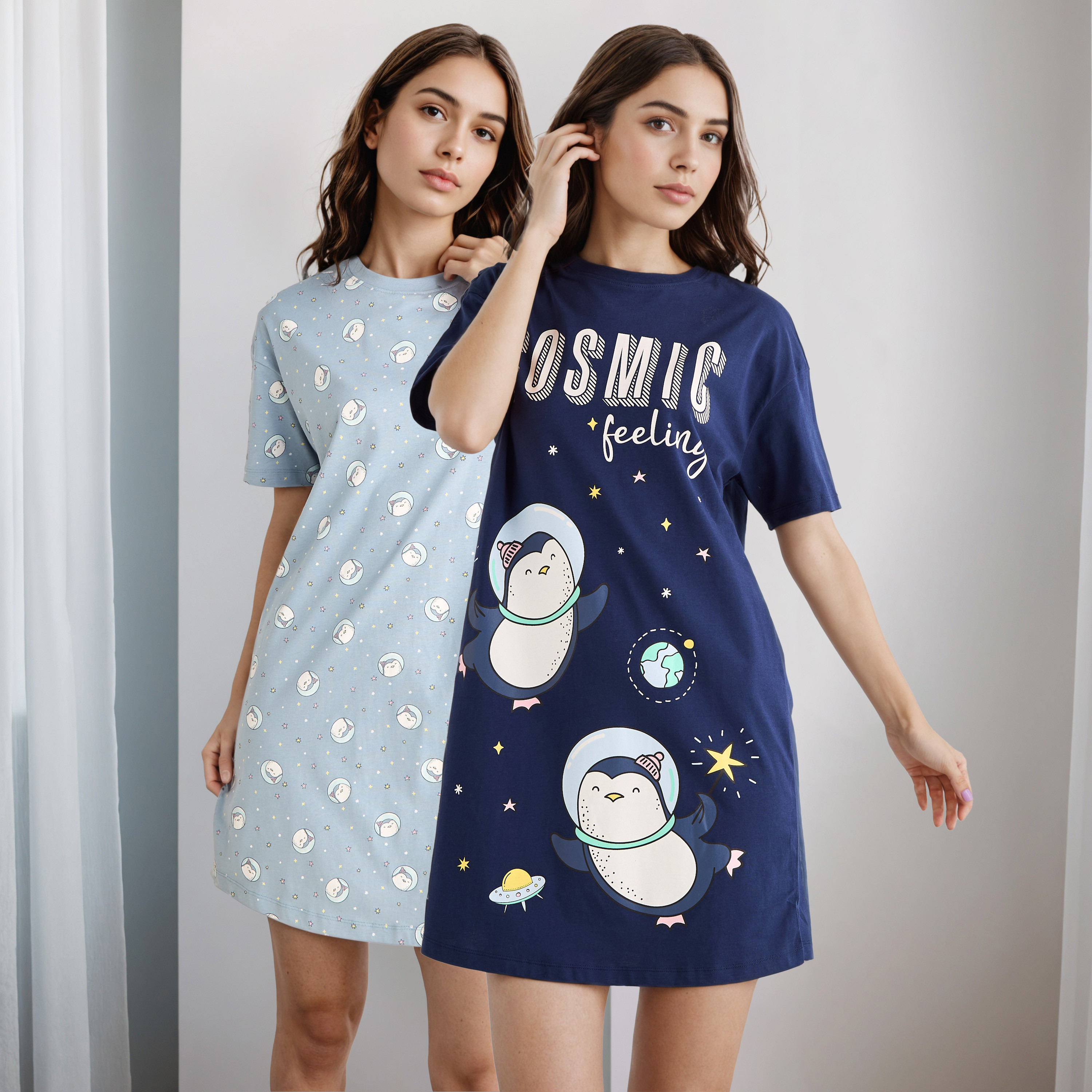فستان قطن بأكمام قصيرة وطبعات - طقم من قطعتين-women-clothing-nightwear-nighties-image-1