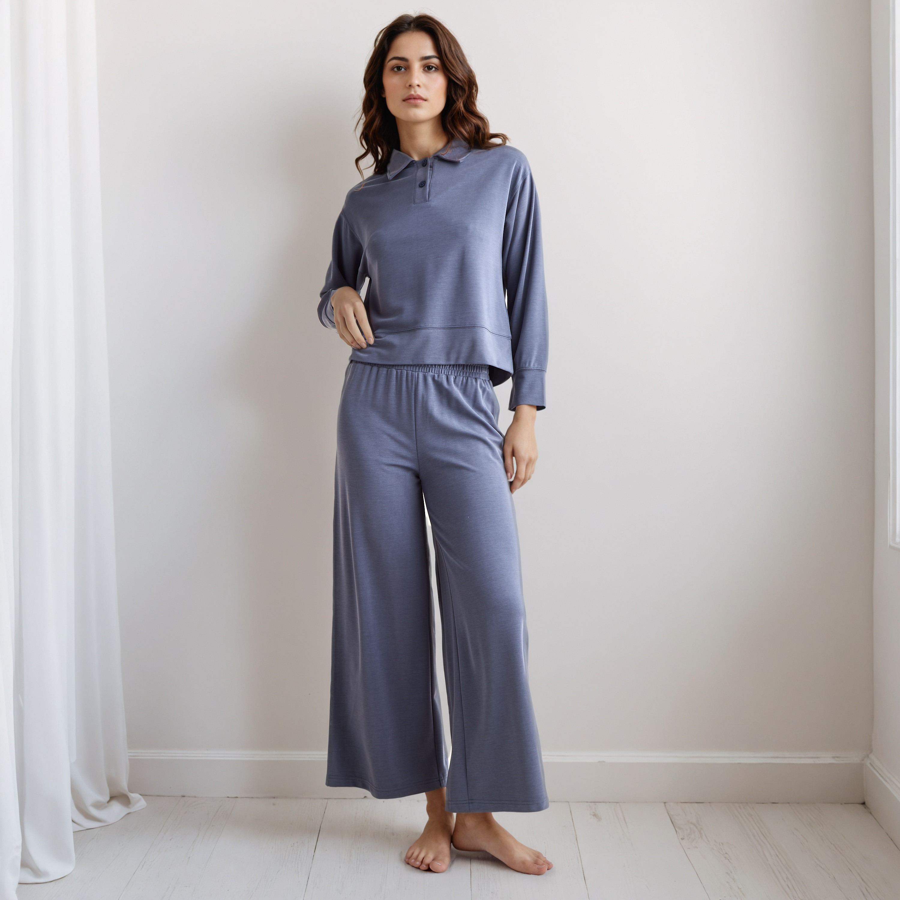 Pyjama Set Collared T-shirt & Trousers-women-clothing-nightwear-pyjamas-longsets-image-1