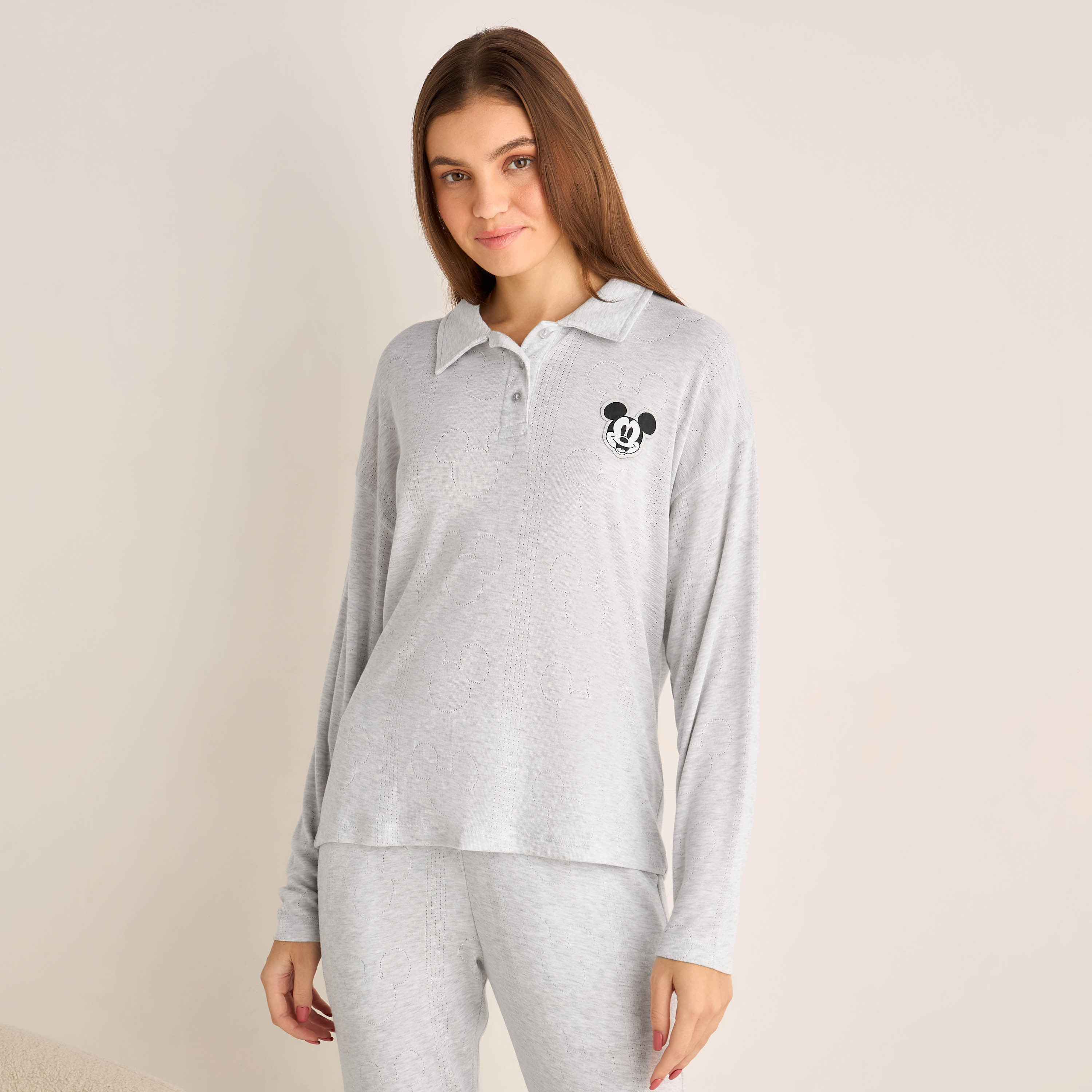 Mickey Mouse Pyjama Set Half-Placket T-shirt & Trousers-women-clothing-nightwear-pyjamas-longsets-image-2