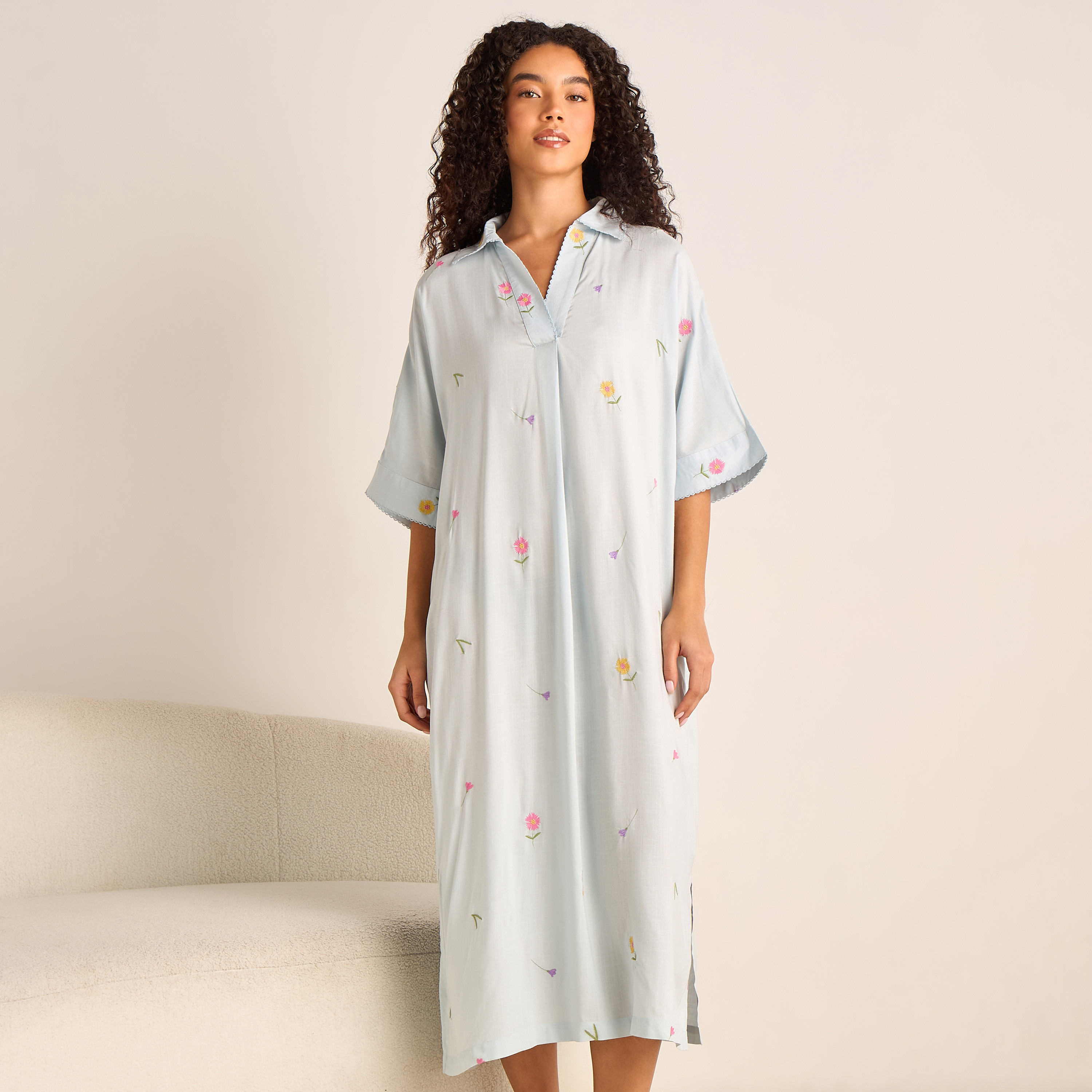 Night Dress Short Sleeve Floral Embroidery Viscose-women-clothing-nightwear-nighties-image-1