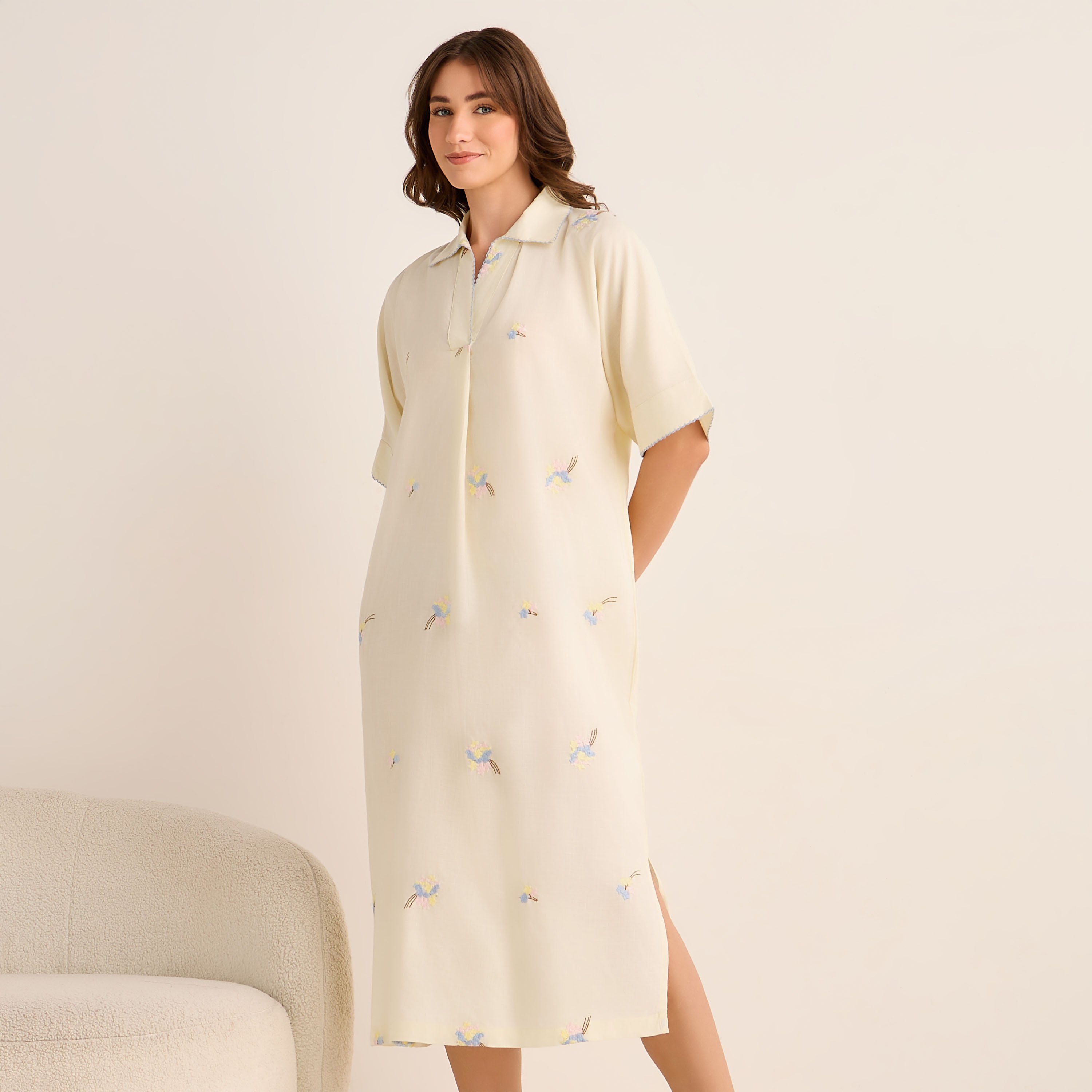 Night Dress Short Sleeve Floral Embroidery Viscose-women-clothing-nightwear-nighties-image-1