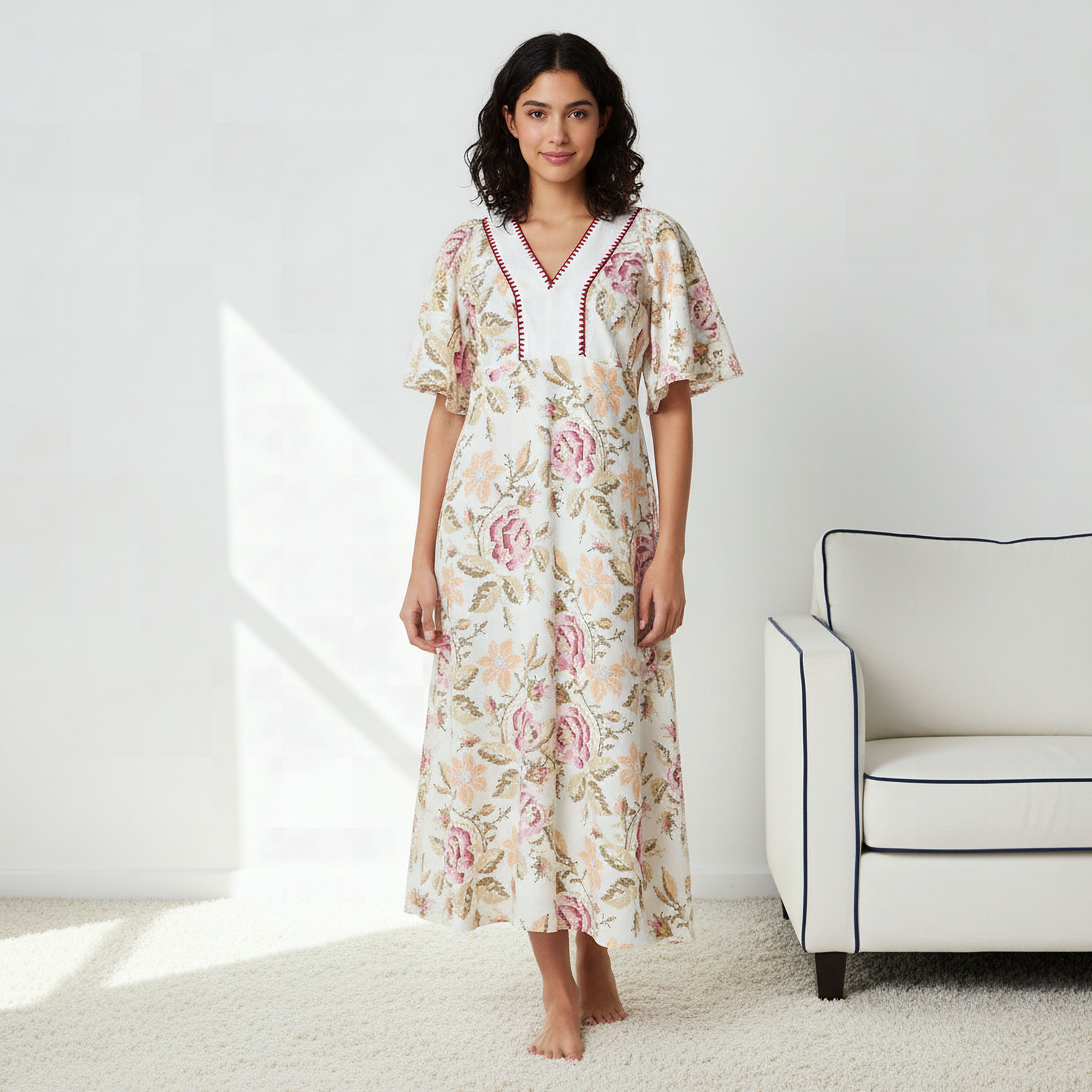 Night Gown with Flutter Sleeves Floral Print Cotton-women-clothing-nightwear-nighties-image-1