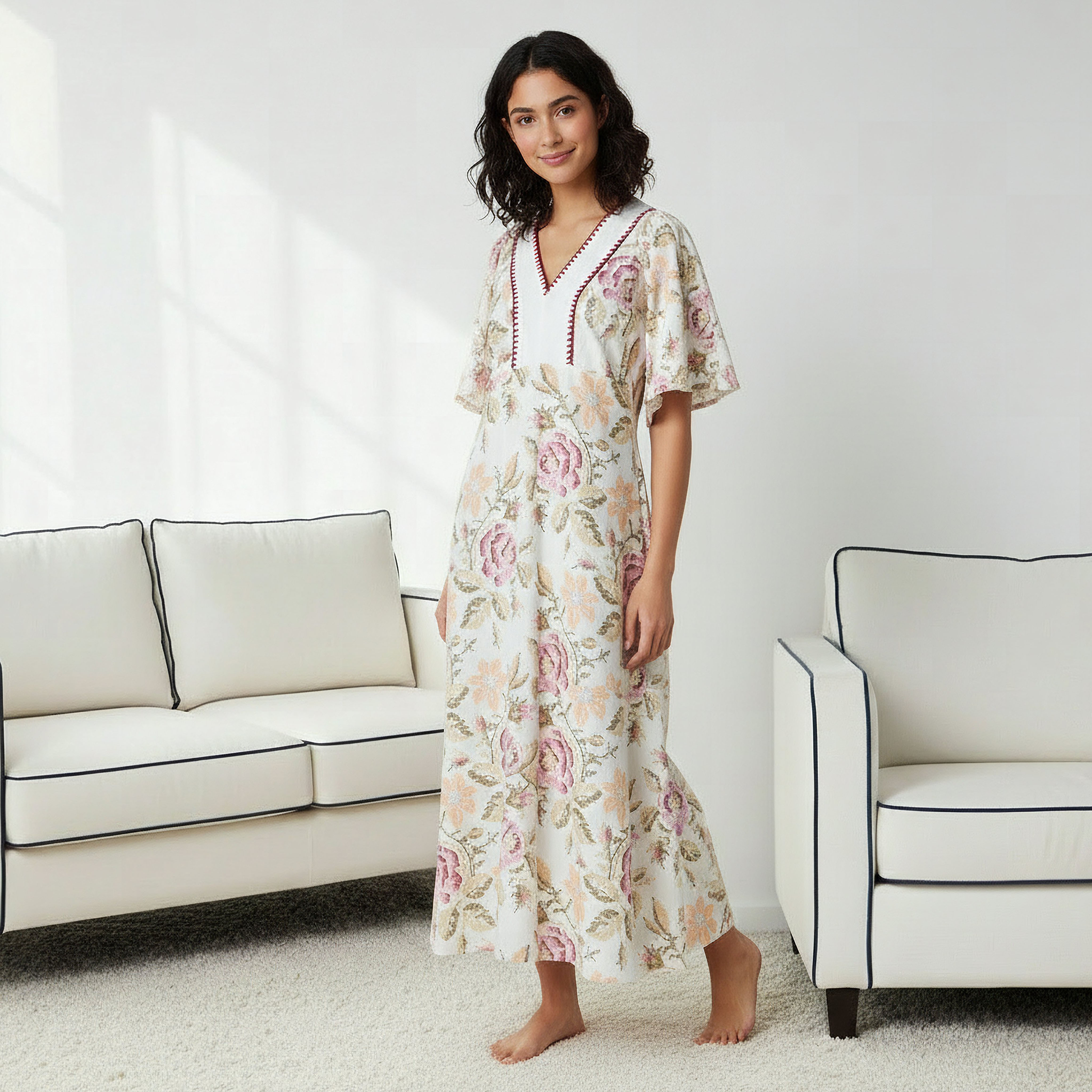 Night Gown with Flutter Sleeves Floral Print Cotton-women-clothing-nightwear-nighties-image-2