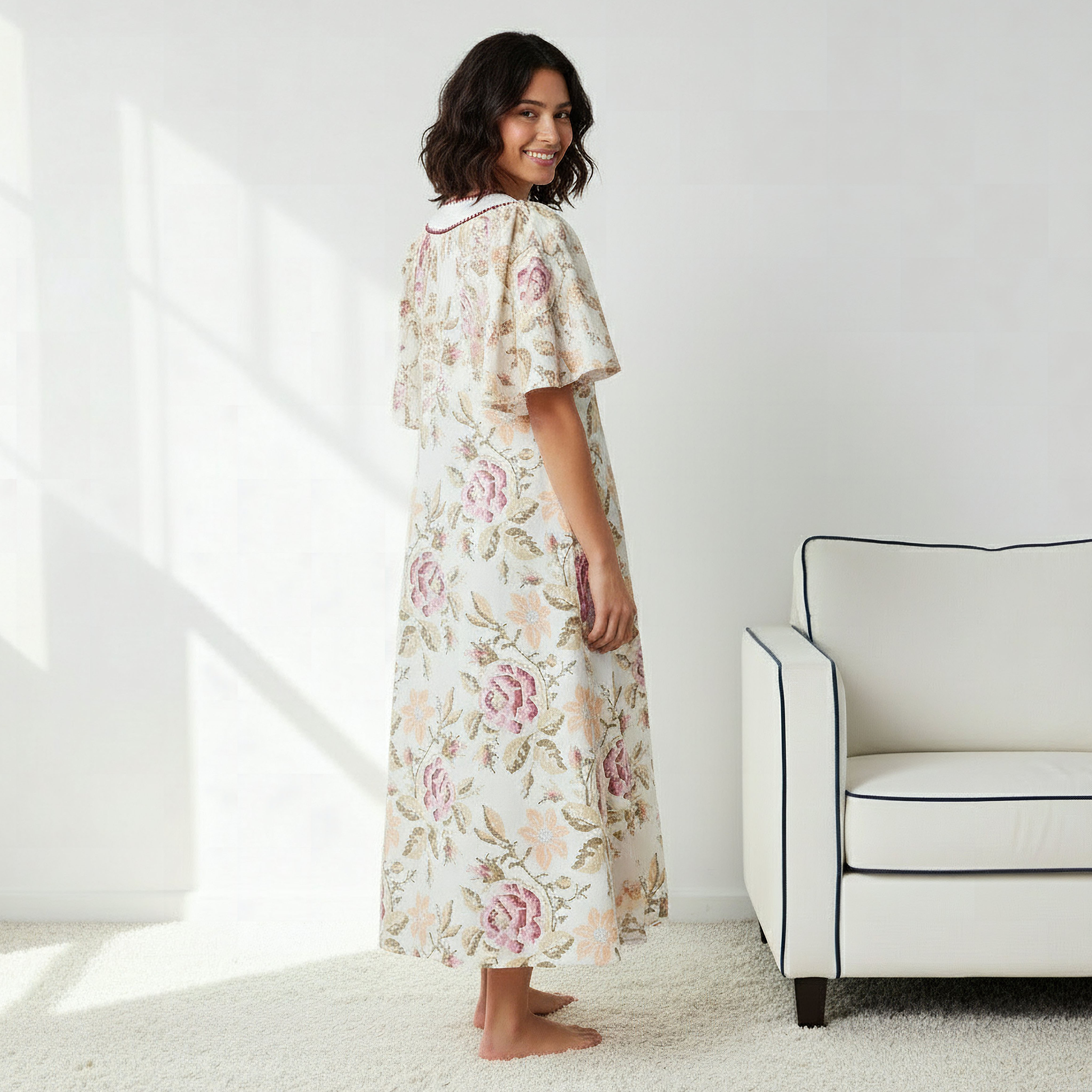 Night Gown with Flutter Sleeves Floral Print Cotton-women-clothing-nightwear-nighties-image-3