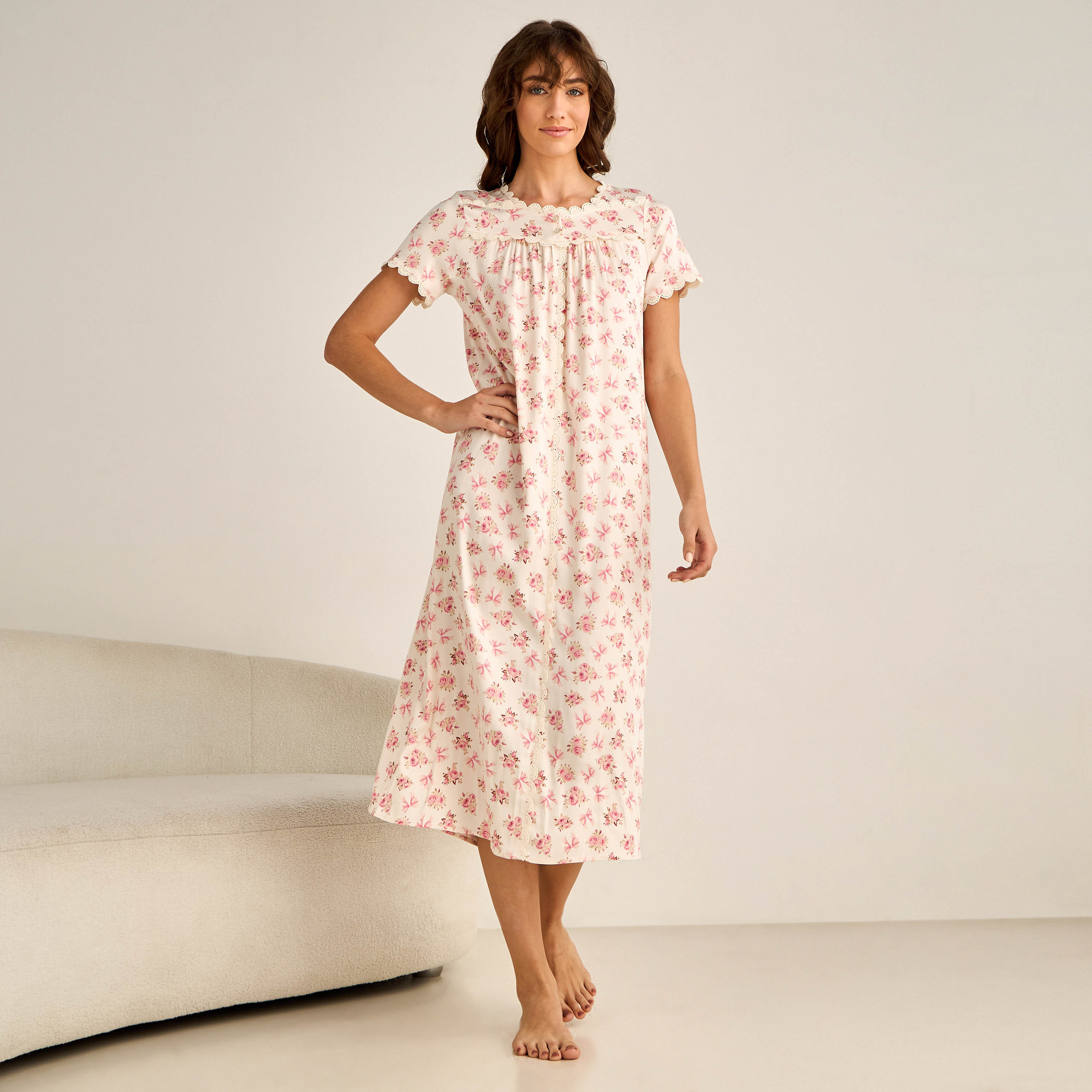 Night Dress Short Sleeves Floral Print Lace Detail-women-clothing-nightwear-nighties-image-5