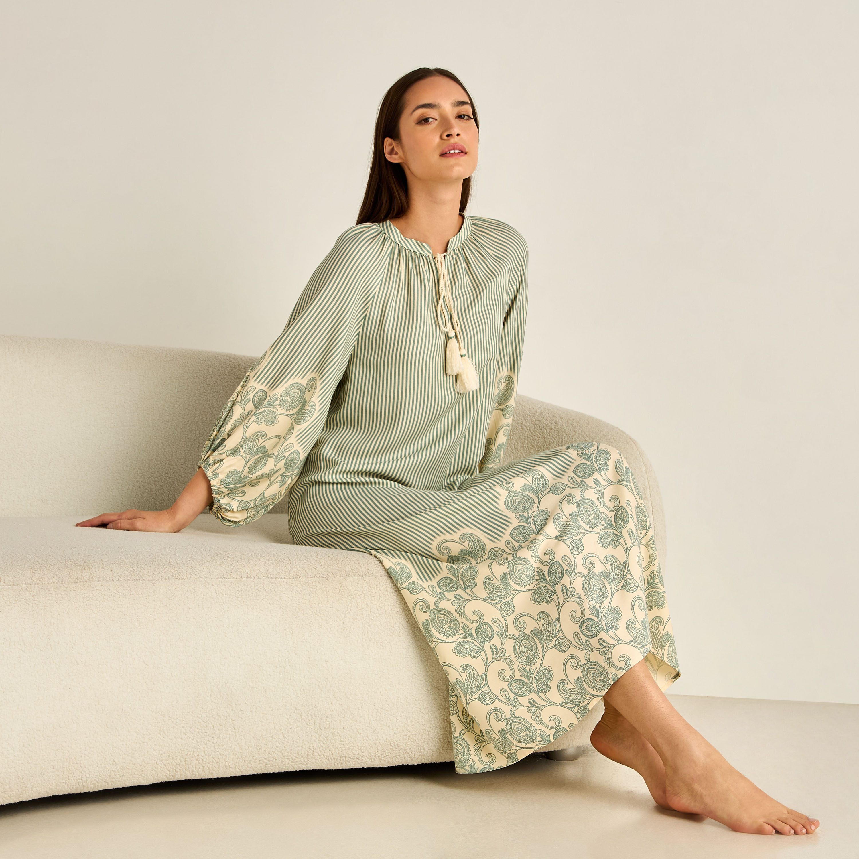 Night Gown Long Sleeve Tassel Tie-Ups Viscose-women-clothing-nightwear-nighties-image-2