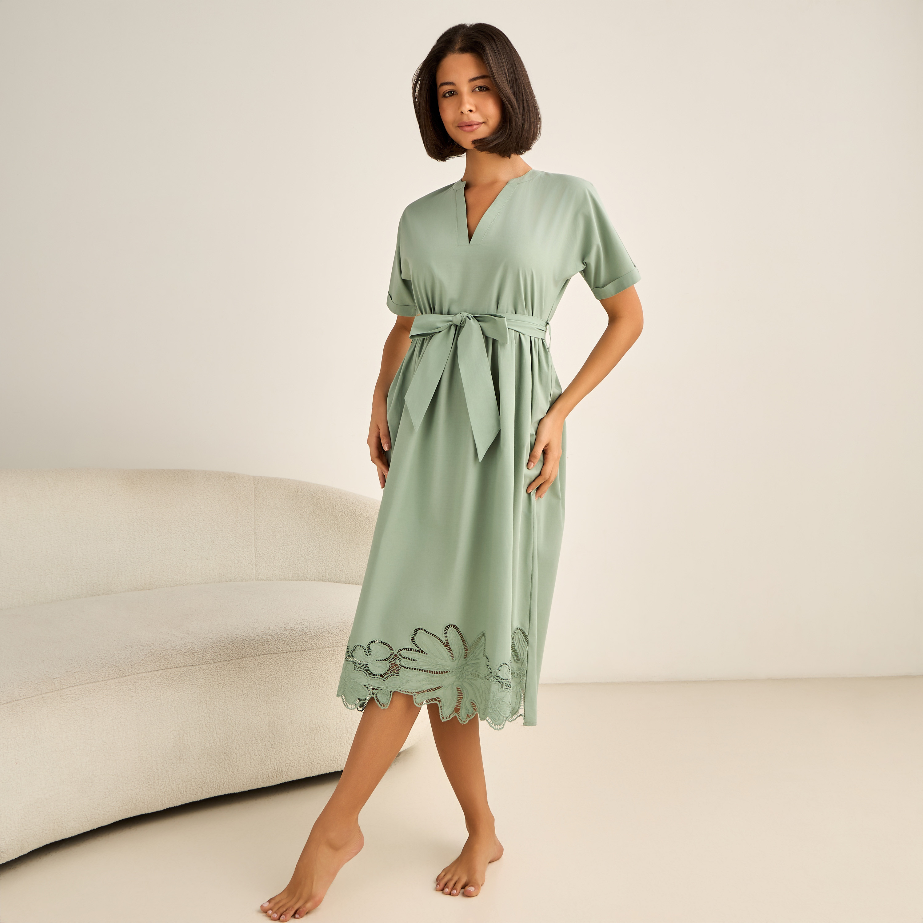 Short Sleeve Viscose Night Dress with a Tie-up Belt-women-clothing-nightwear-nighties-image-1