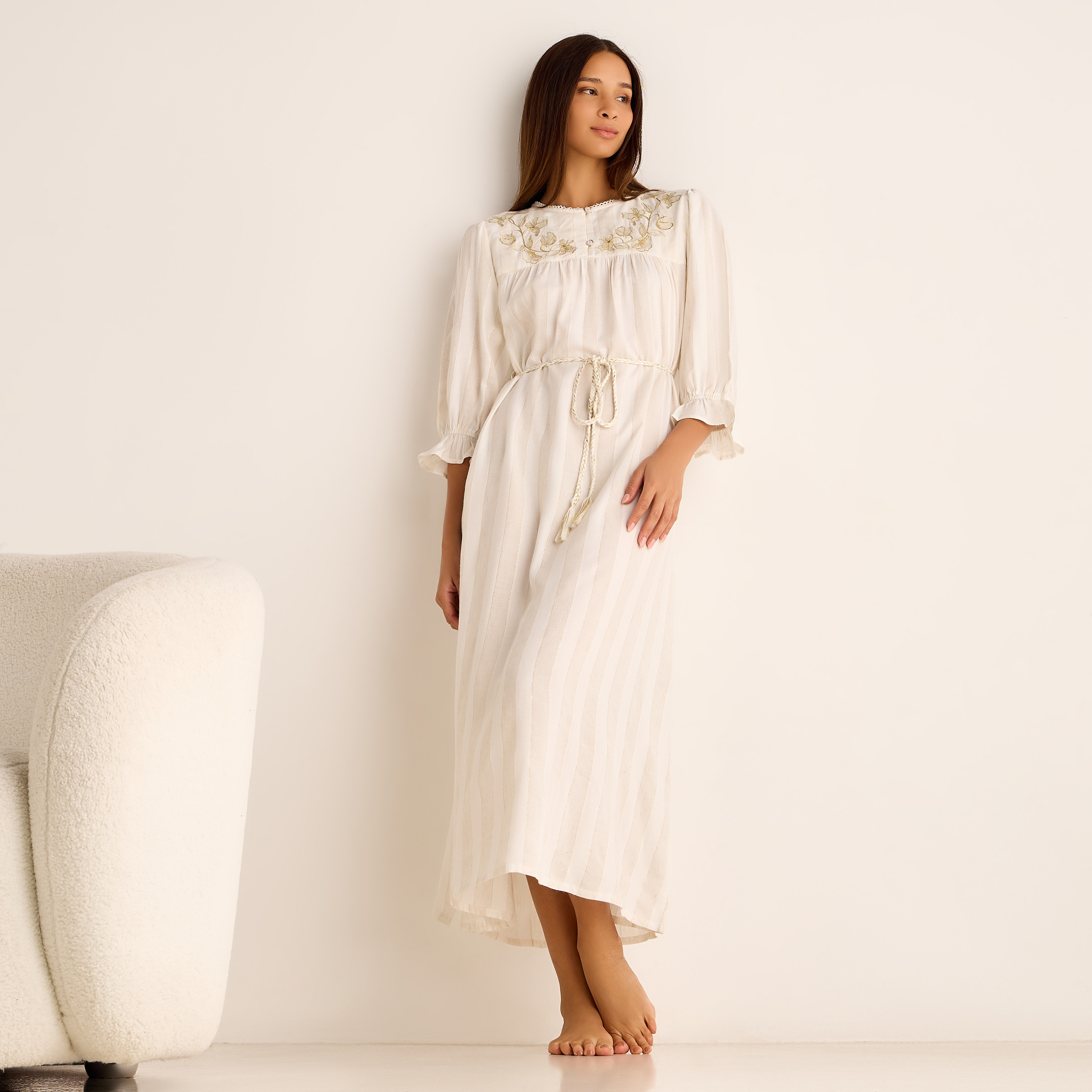 Long Sleeves Linen Blend Maxi Night Gown with Embroidered Stripes-women-clothing-nightwear-nighties-image-1