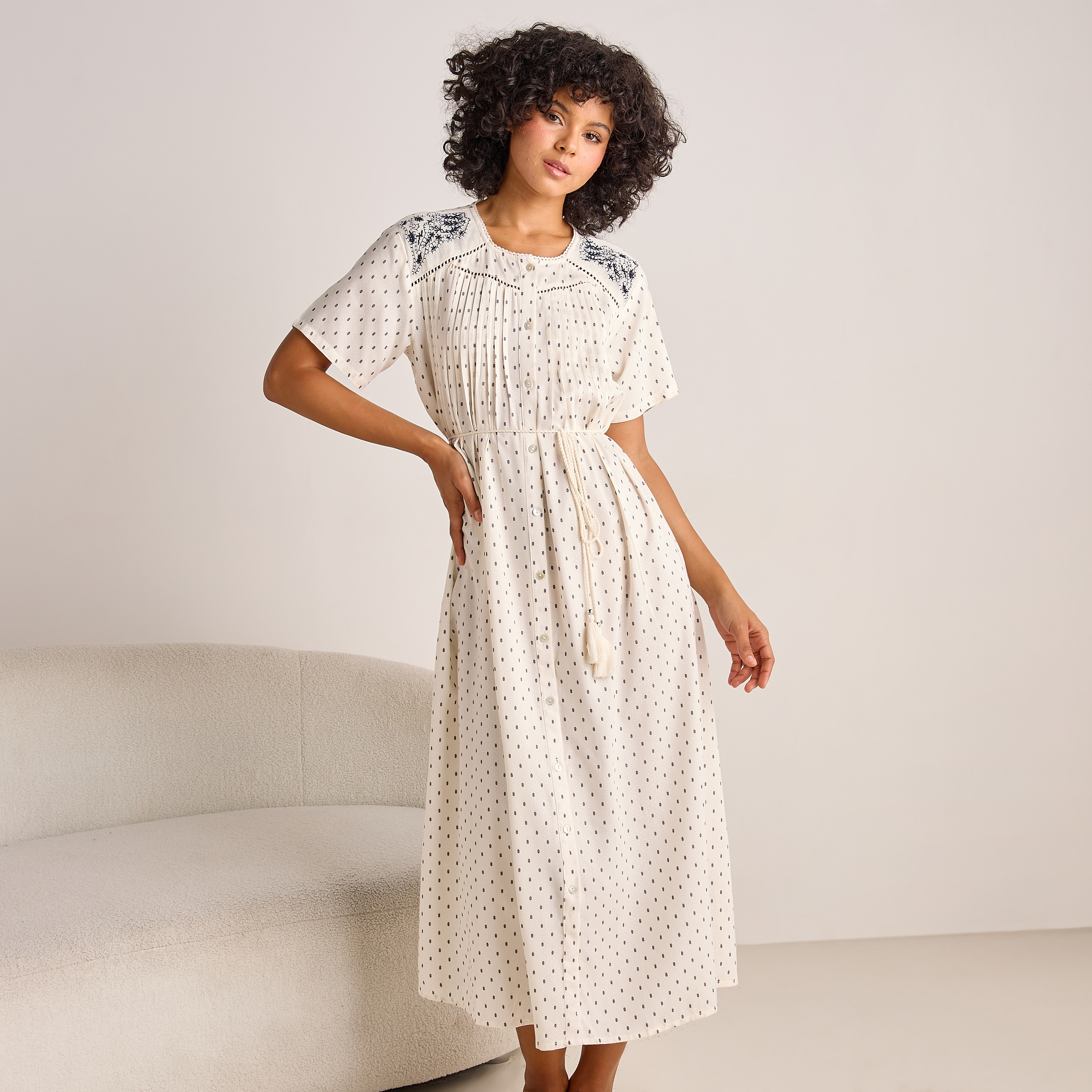 Night Gown Short Sleeves with Tie-Up Belt-women-clothing-nightwear-nighties-image-1