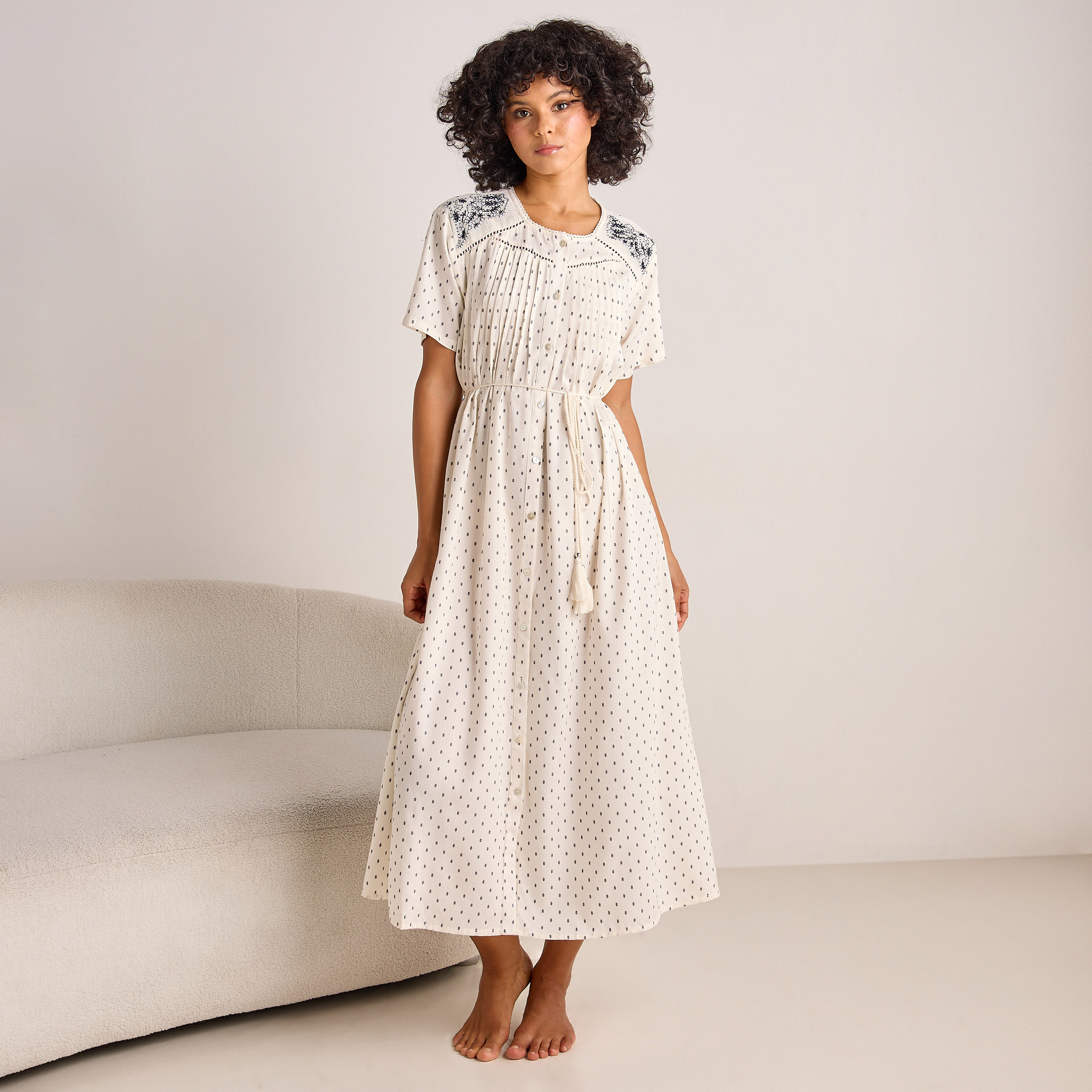 Night Gown Short Sleeves with Tie-Up Belt-women-clothing-nightwear-nighties-image-2
