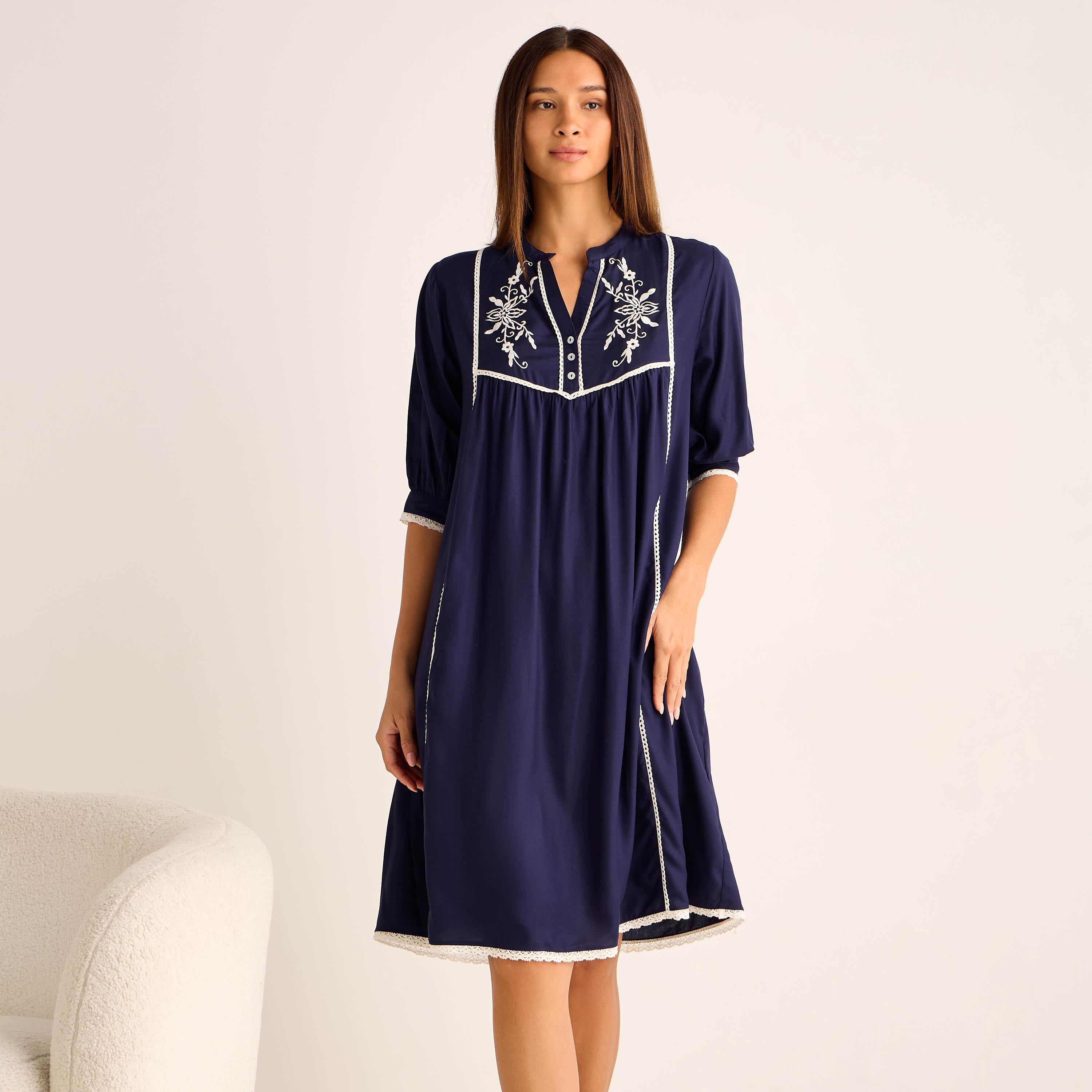Midi Night Dress 3/4 Sleeves Floral Embroidery Viscose-women-clothing-nightwear-nighties-image-1