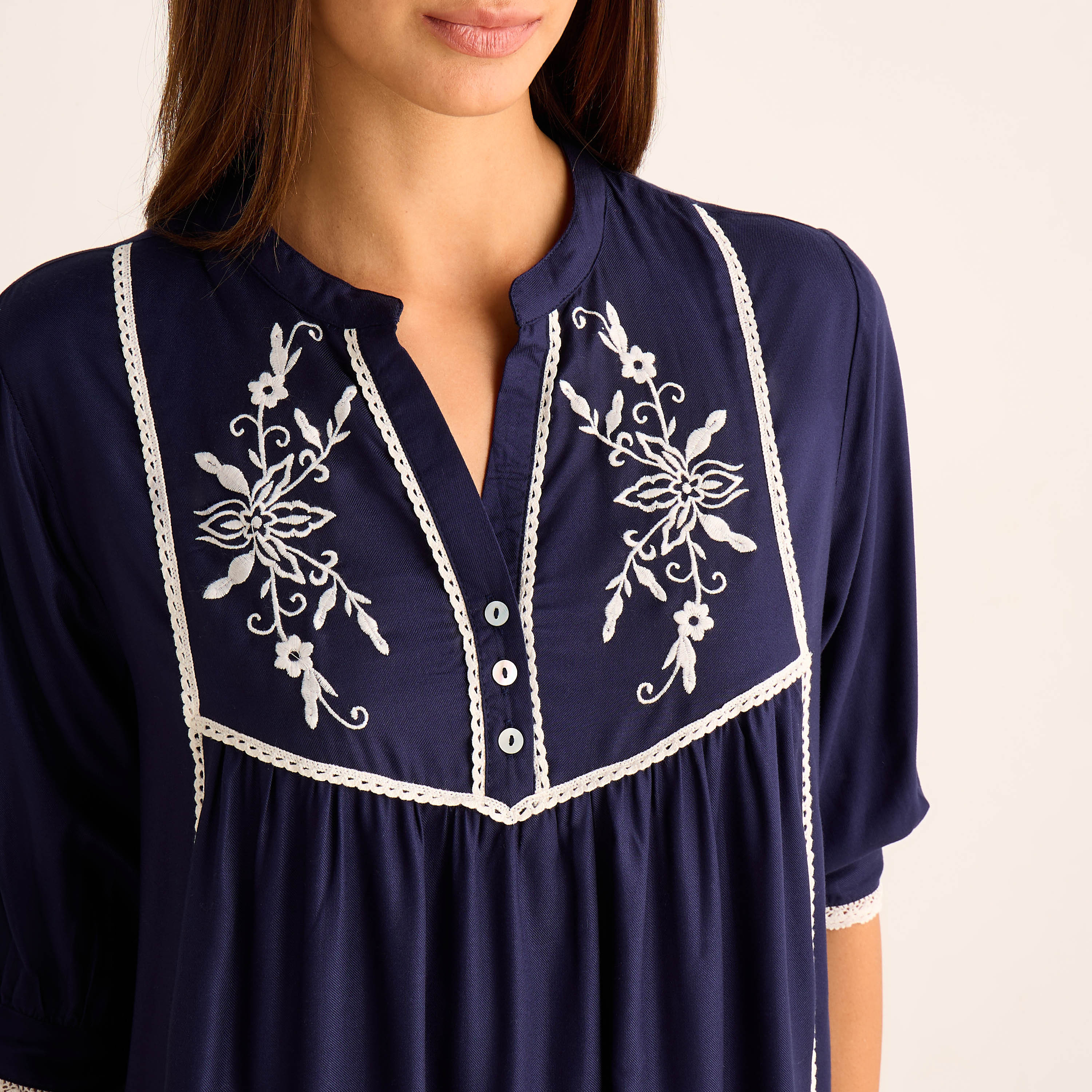 Midi Night Dress 3/4 Sleeves Floral Embroidery Viscose-women-clothing-nightwear-nighties-image-4