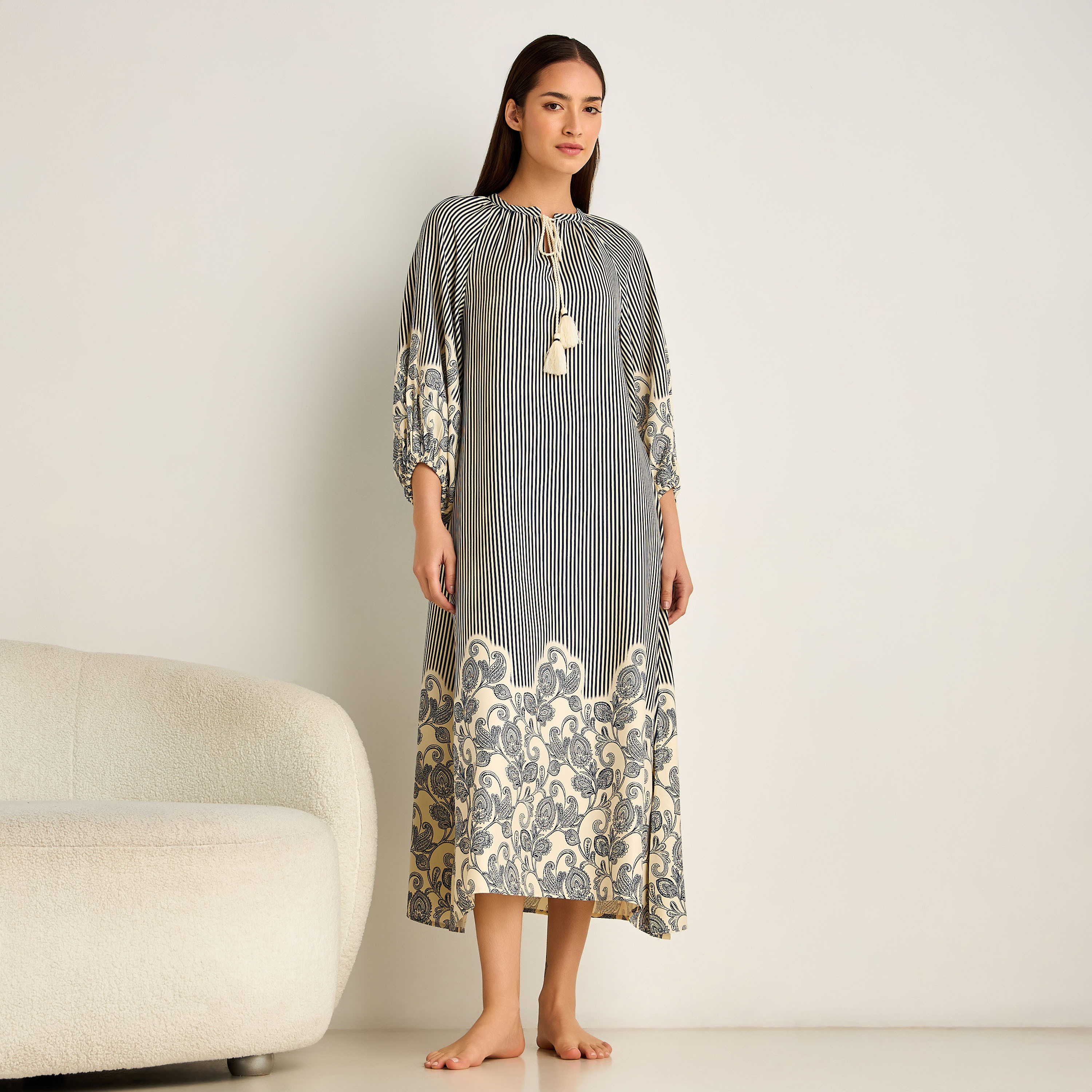 Night Dress Long Sleeve Tassel Tie-Ups Viscose-women-clothing-nightwear-nighties-image-1