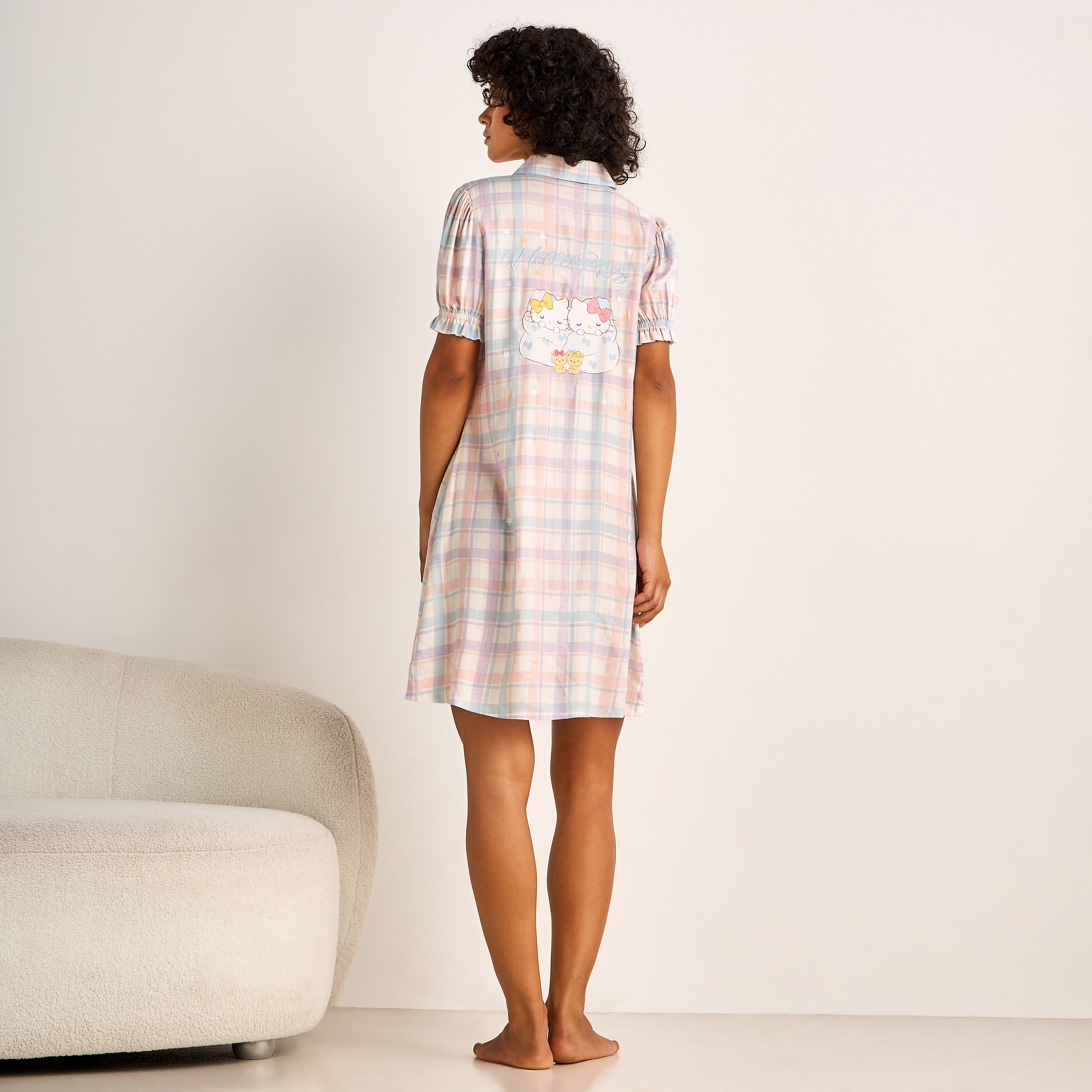 Sleepshirt Short Sleeves Checked Hello Kitty Print-women-clothing-nightwear-nighties-image-3