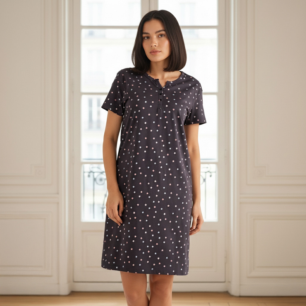Sleepshirt Short Sleeves with Star Print Cotton-women-clothing-nightwear-nighties-image-1