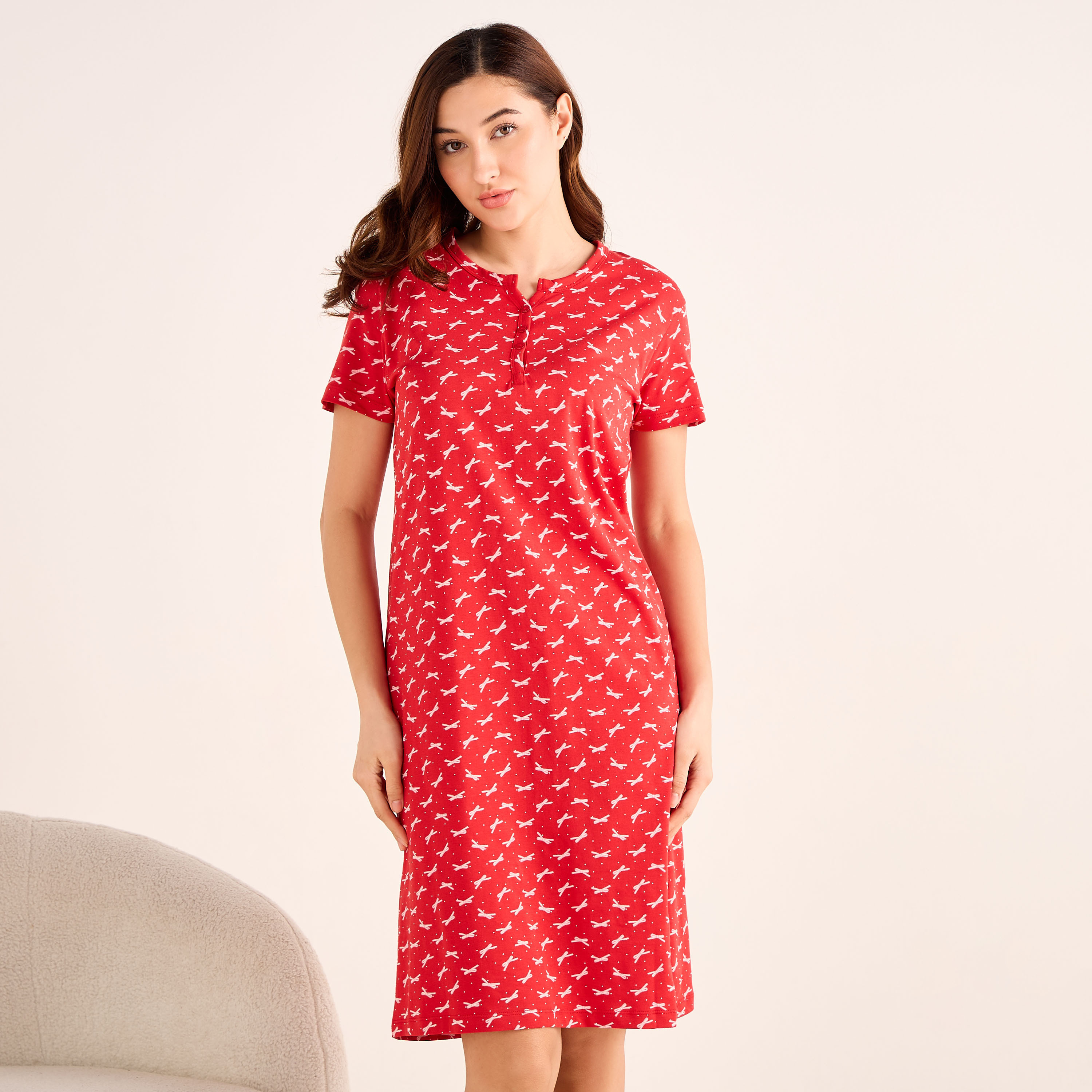 Sleepshirt Short Sleeve Bow Print Cotton-women-clothing-nightwear-nighties-image-1