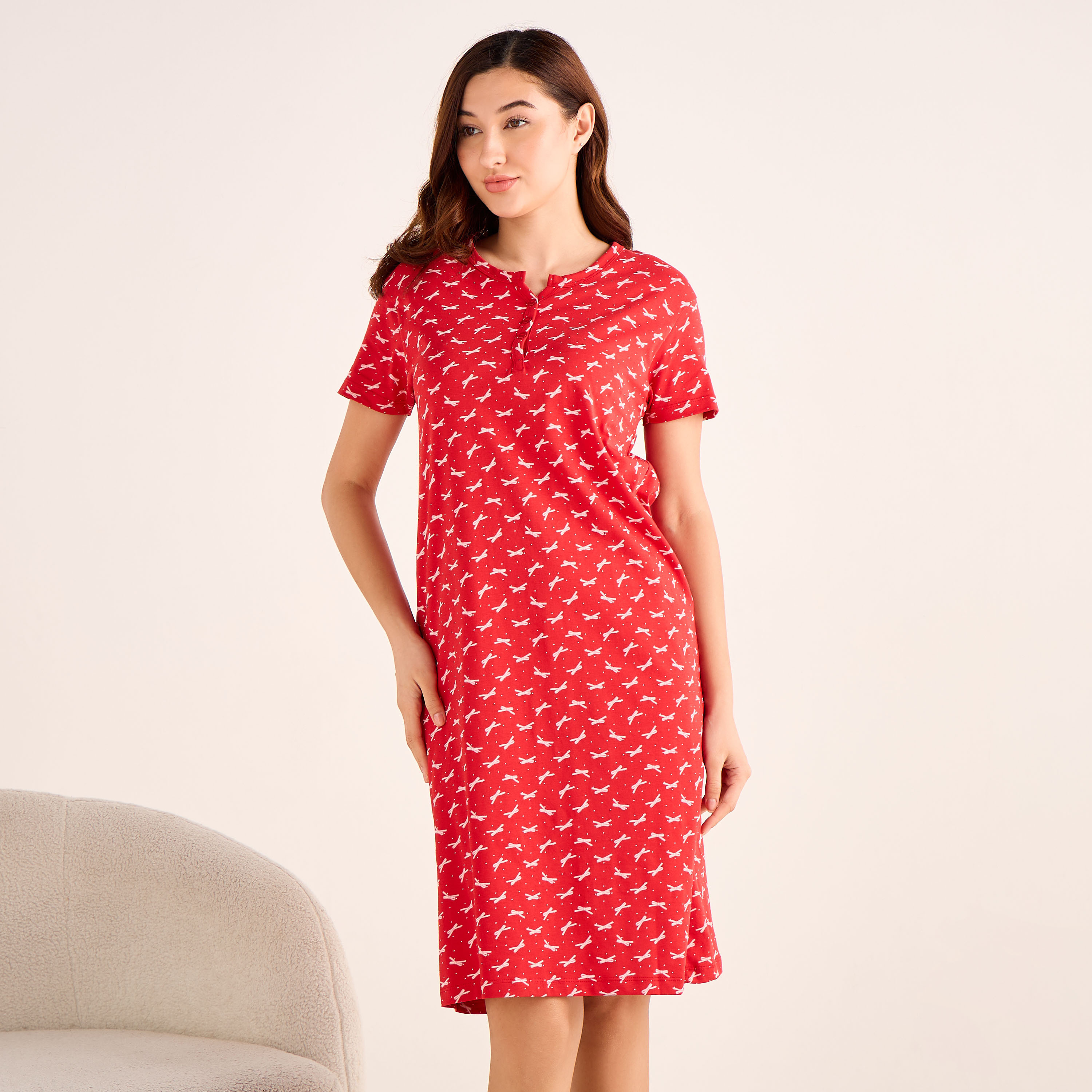 Sleepshirt Short Sleeve Bow Print Cotton-women-clothing-nightwear-nighties-image-2