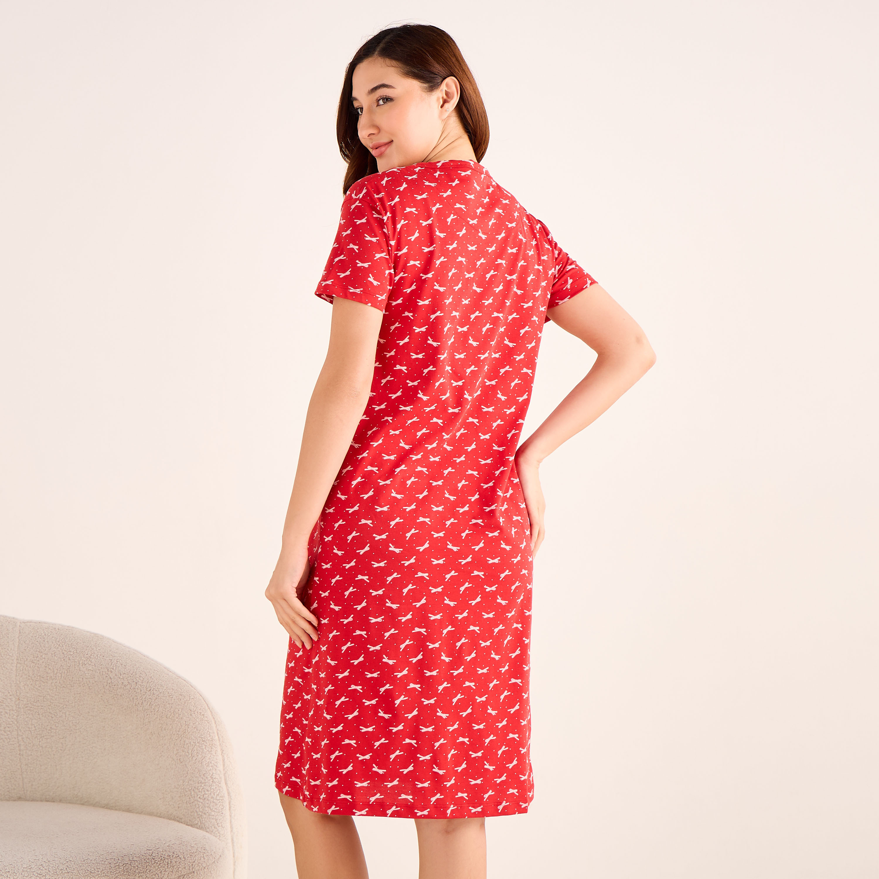 Sleepshirt Short Sleeve Bow Print Cotton-women-clothing-nightwear-nighties-image-3