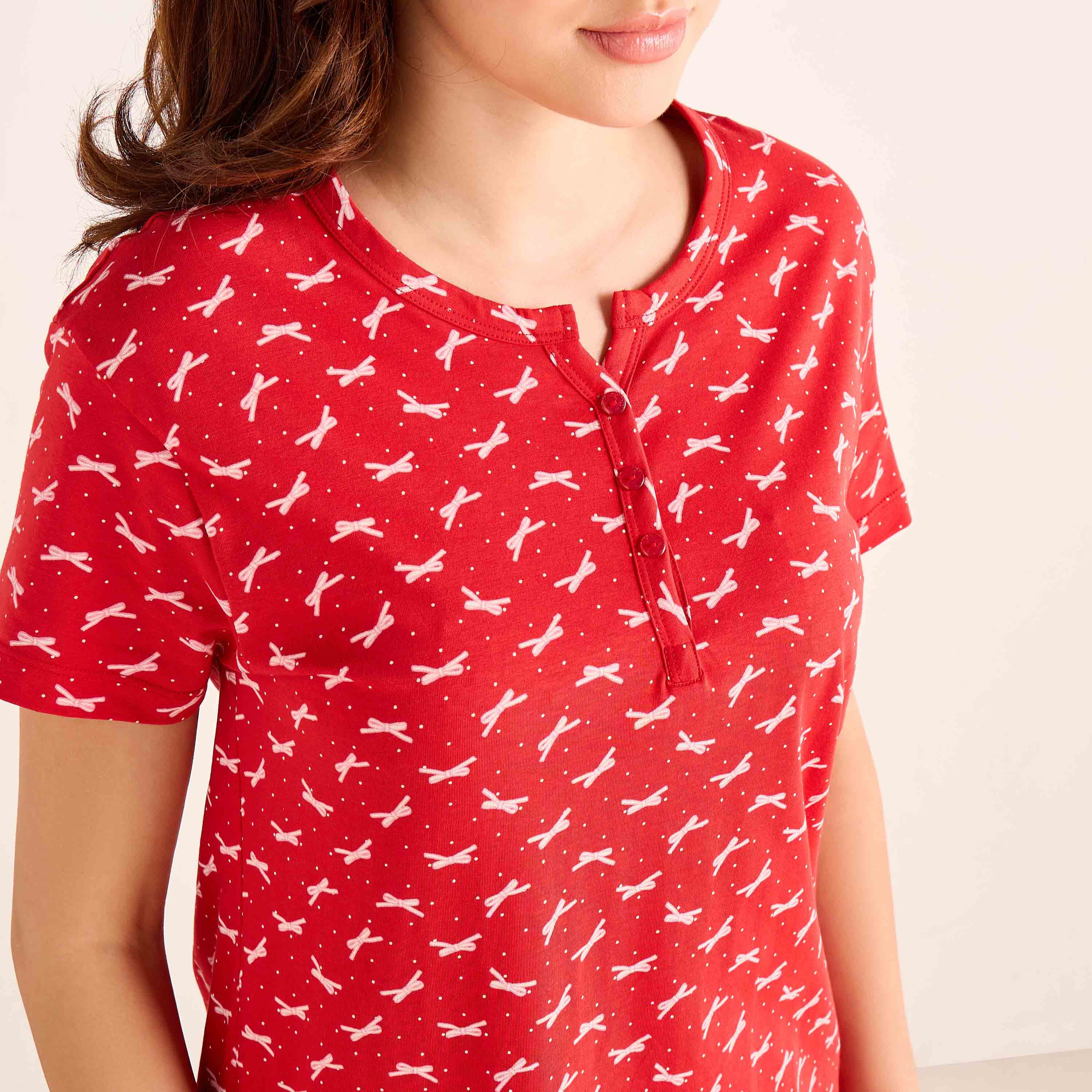 Sleepshirt Short Sleeve Bow Print Cotton-women-clothing-nightwear-nighties-image-4