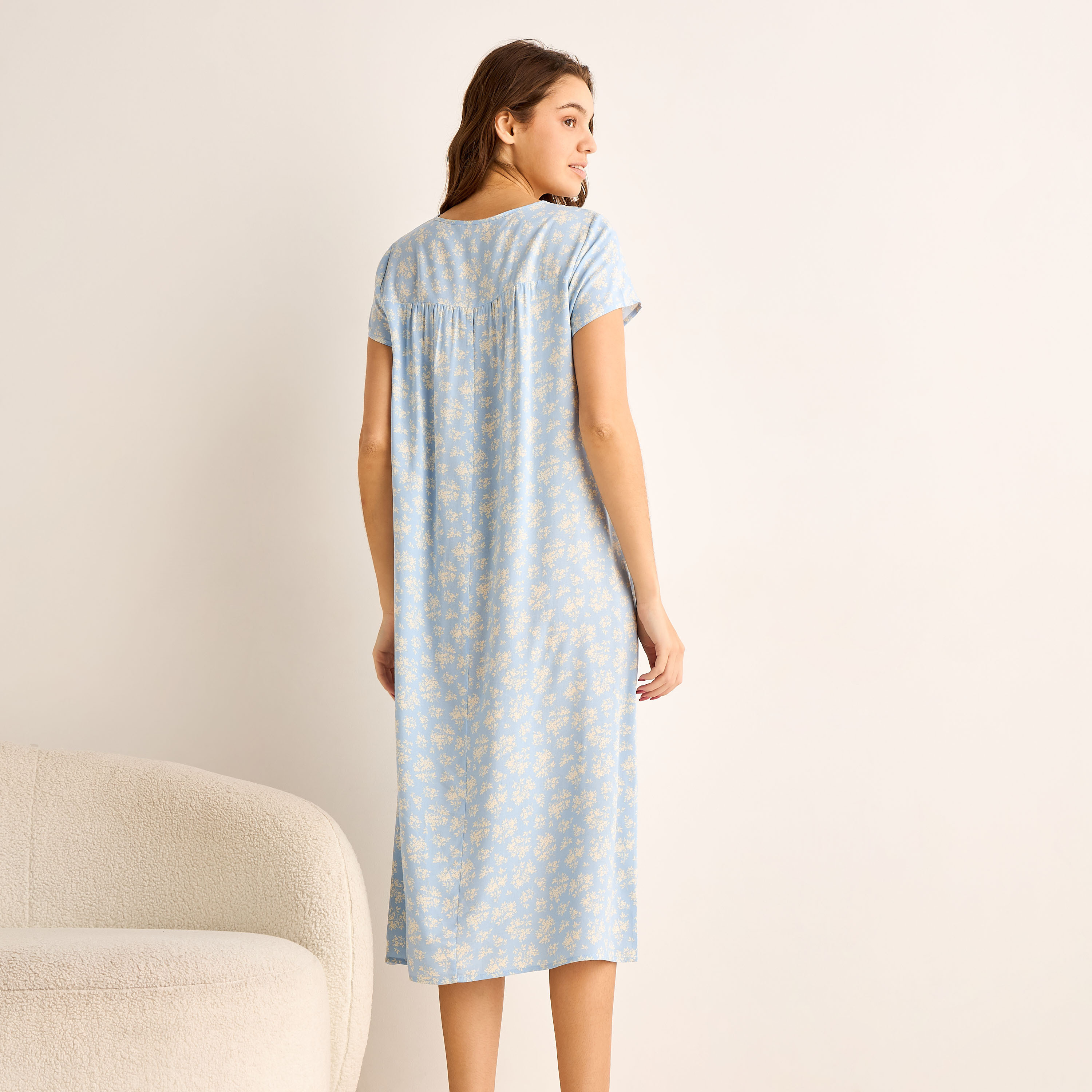 Midi Night Dress Short Sleeves Floral Print Viscose-women-clothing-nightwear-nighties-image-3