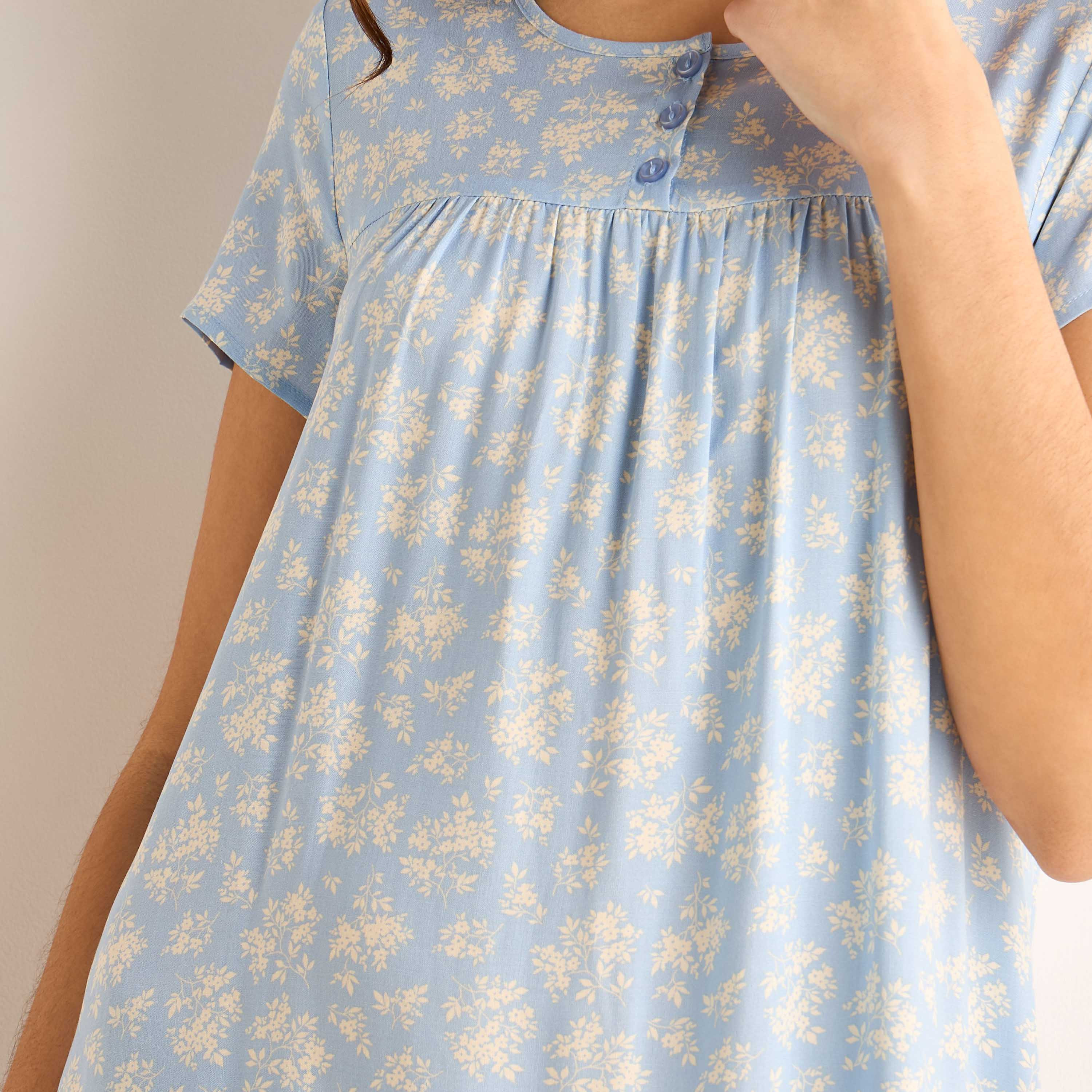 Midi Night Dress Short Sleeves Floral Print Viscose-women-clothing-nightwear-nighties-image-4