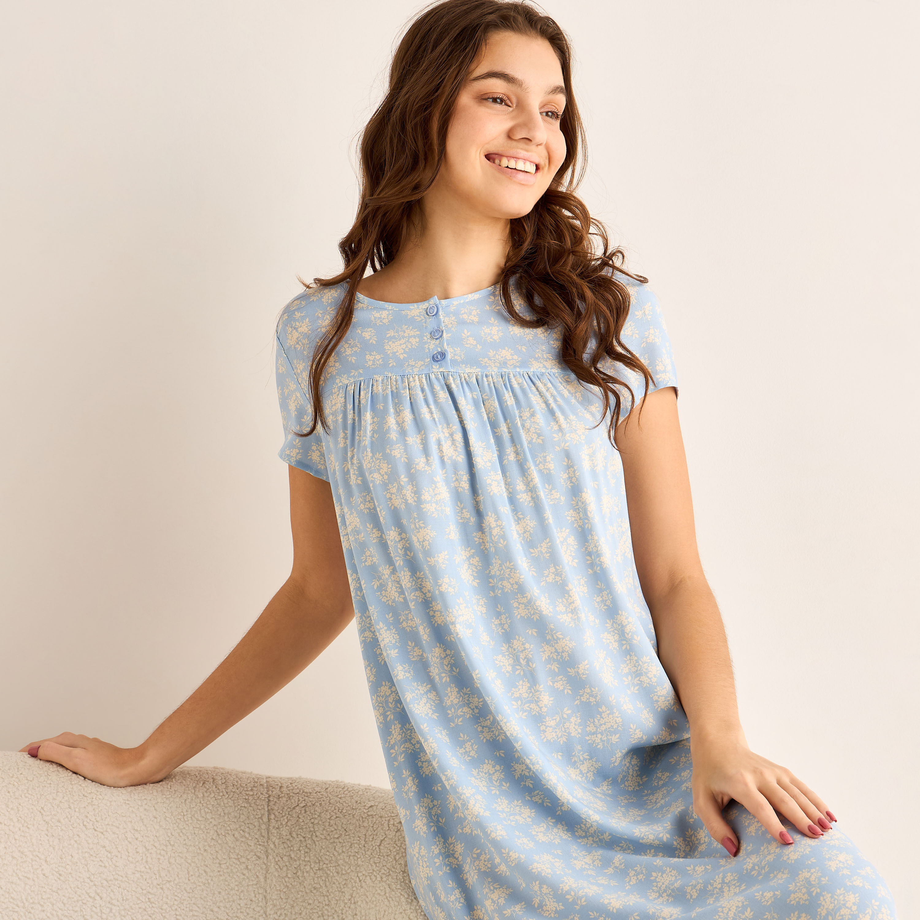 Midi Night Dress Short Sleeves Floral Print Viscose-women-clothing-nightwear-nighties-image-5