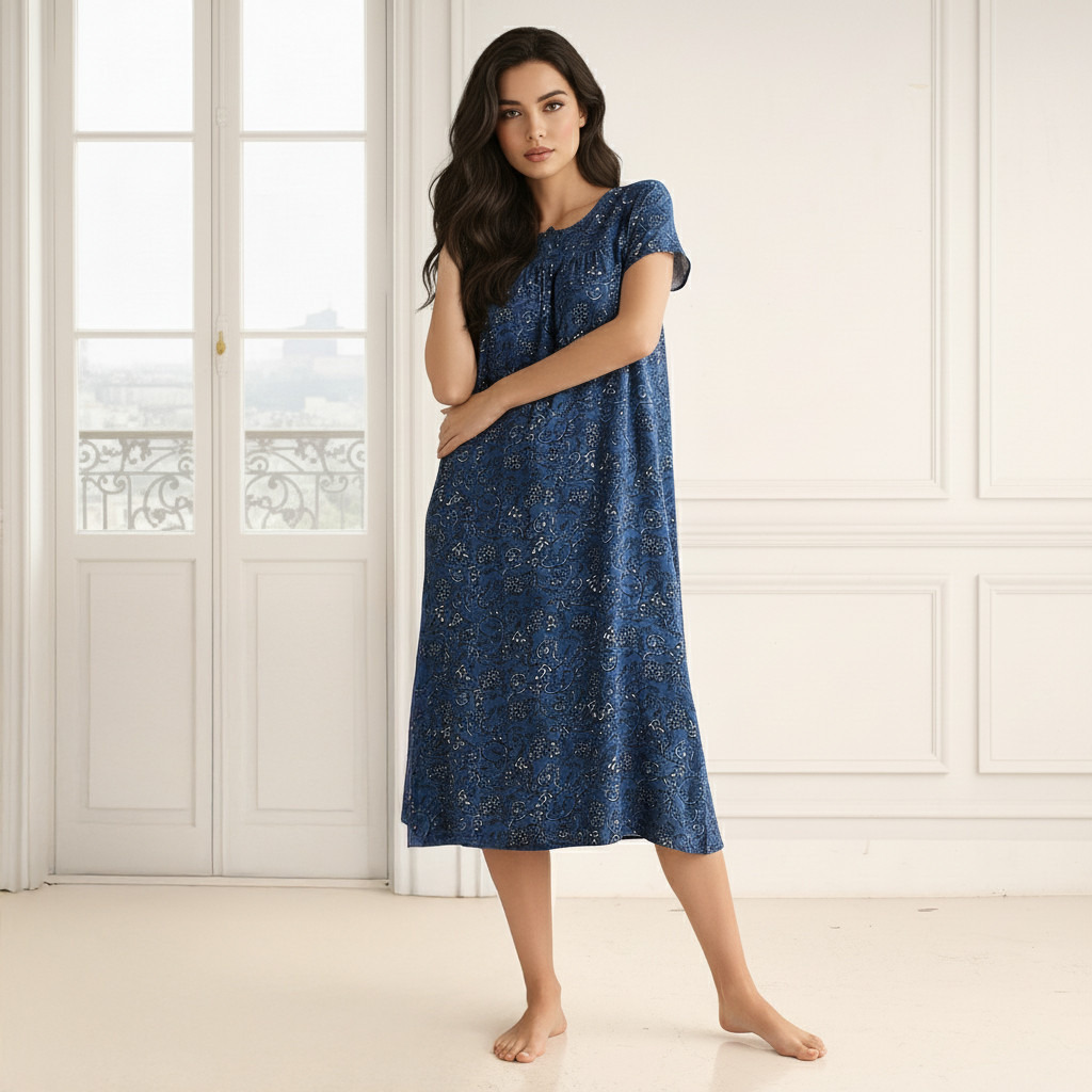 Midi Night Dress Short Sleeves Printed Viscose-women-clothing-nightwear-nighties-image-1