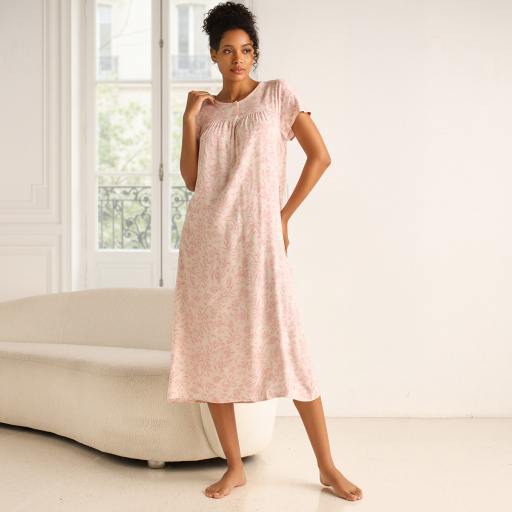 Midi Night Dress Short Sleeves Printed Viscose-women-clothing-nightwear-nighties-image-1