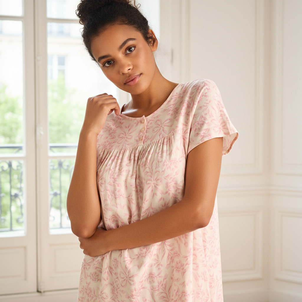 Midi Night Dress Short Sleeves Printed Viscose-women-clothing-nightwear-nighties-image-3