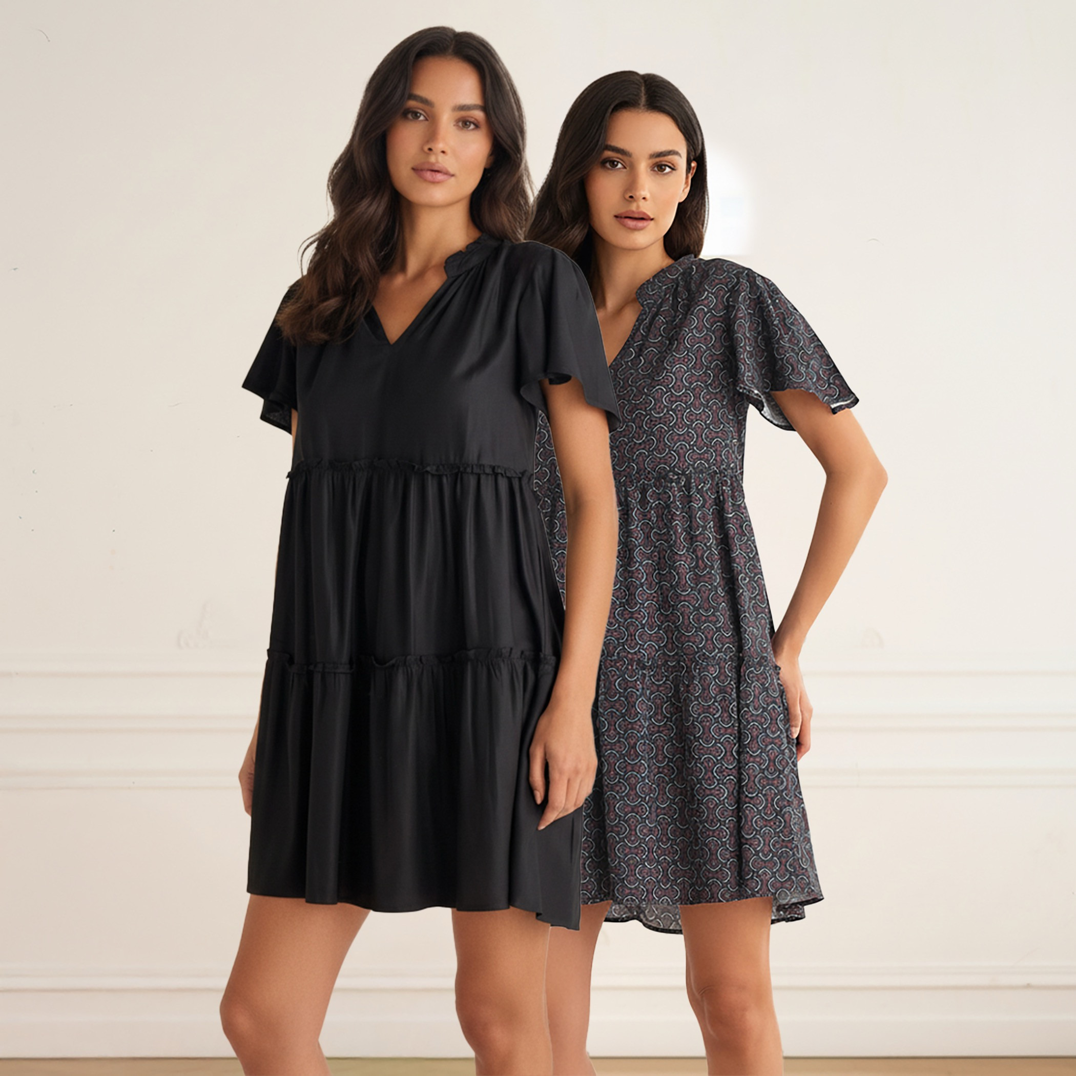 Set of 2 - Night Dress Short Sleeves Tiered Viscose-women-clothing-nightwear-nighties-image-1