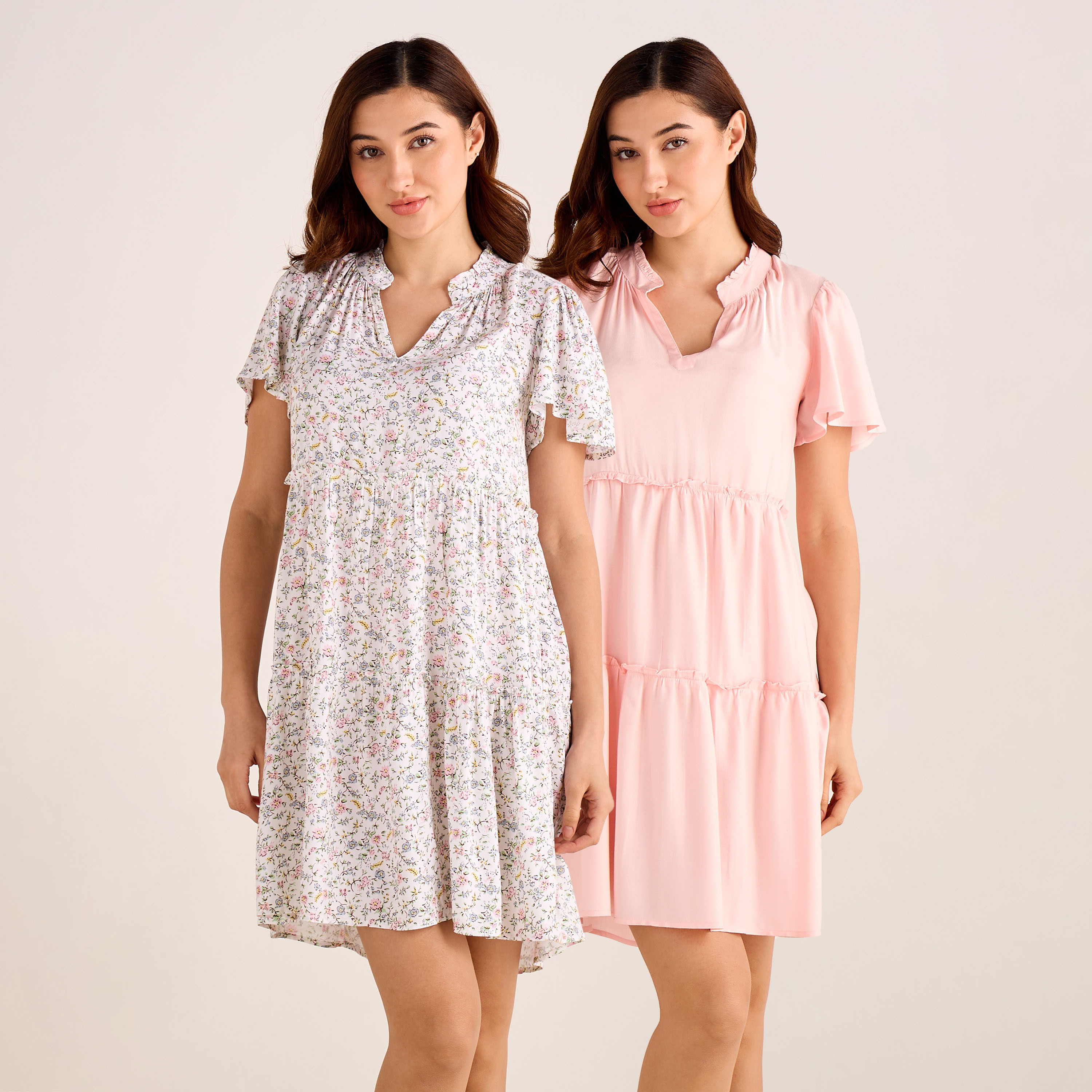 Set of 2 Night Dress Flutter Sleeves Tiered Viscose-women-clothing-nightwear-nighties-image-1