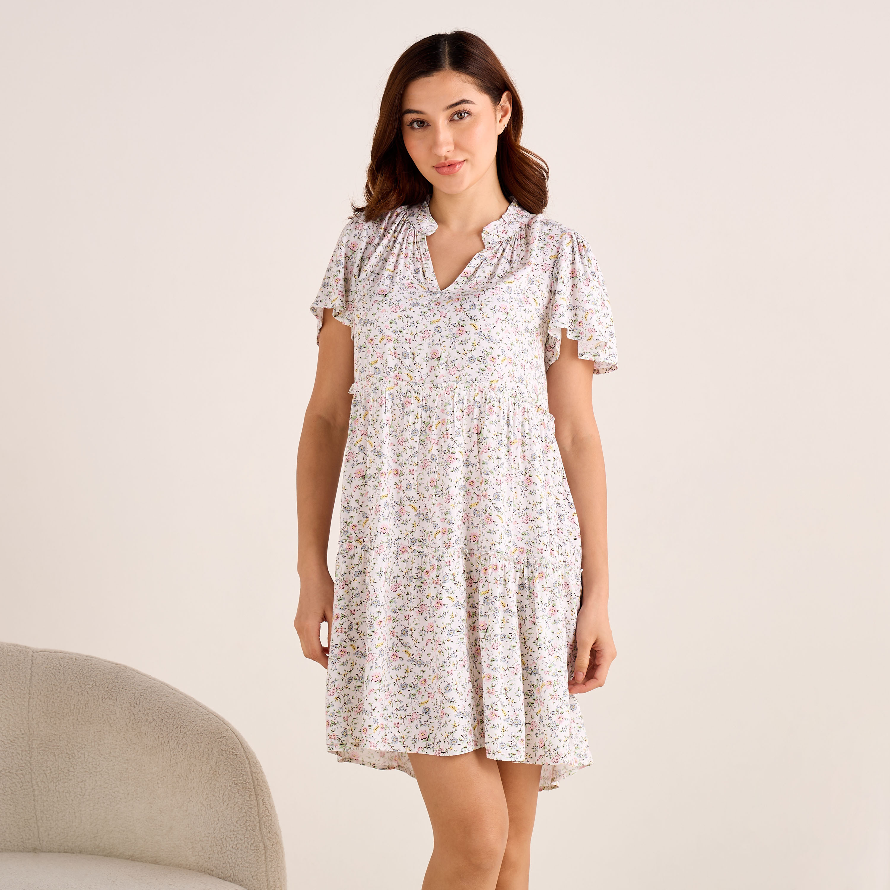 Set of 2 Night Dress Flutter Sleeves Tiered Viscose-women-clothing-nightwear-nighties-image-2