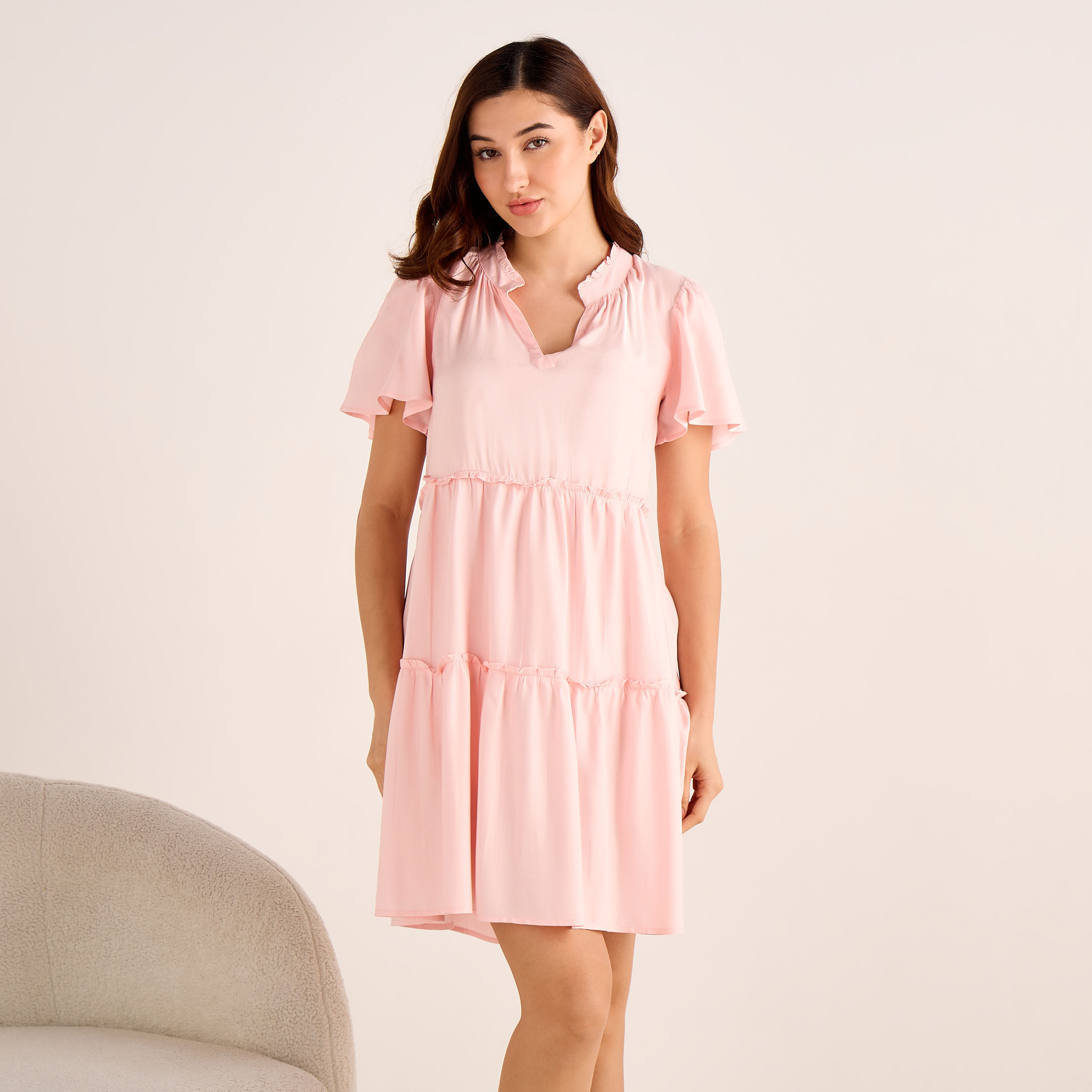 Set of 2 Night Dress Flutter Sleeves Tiered Viscose-women-clothing-nightwear-nighties-image-7
