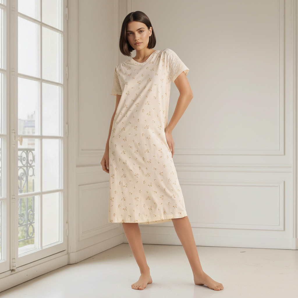 Embroidered Cotton Night Dress with Short Sleeves-women-clothing-nightwear-nighties-image-1