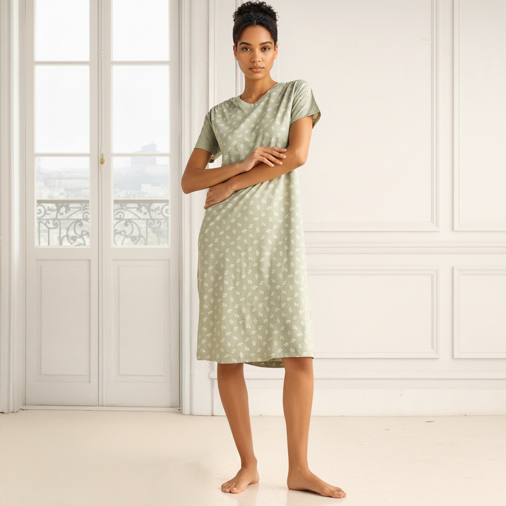 Embroidered Cotton Night Dress with Short Sleeves-women-clothing-nightwear-nighties-image-1