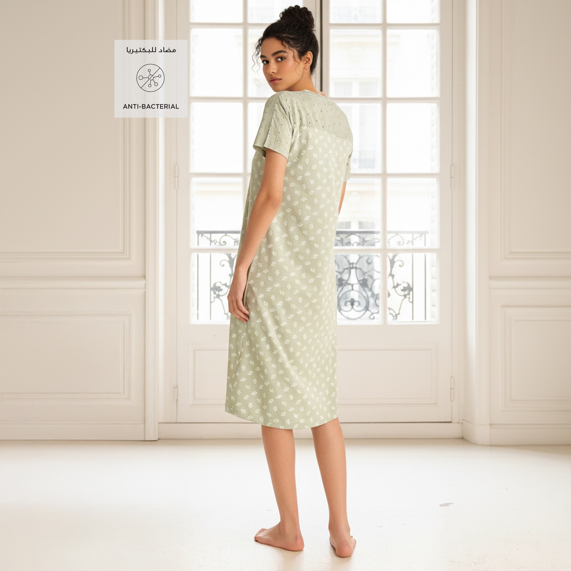 Embroidered Cotton Night Dress with Short Sleeves-women-clothing-nightwear-nighties-image-2