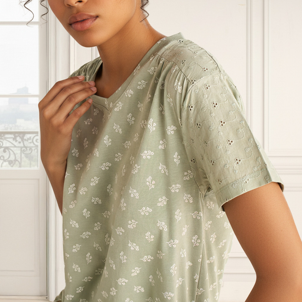 Embroidered Cotton Night Dress with Short Sleeves-women-clothing-nightwear-nighties-image-3