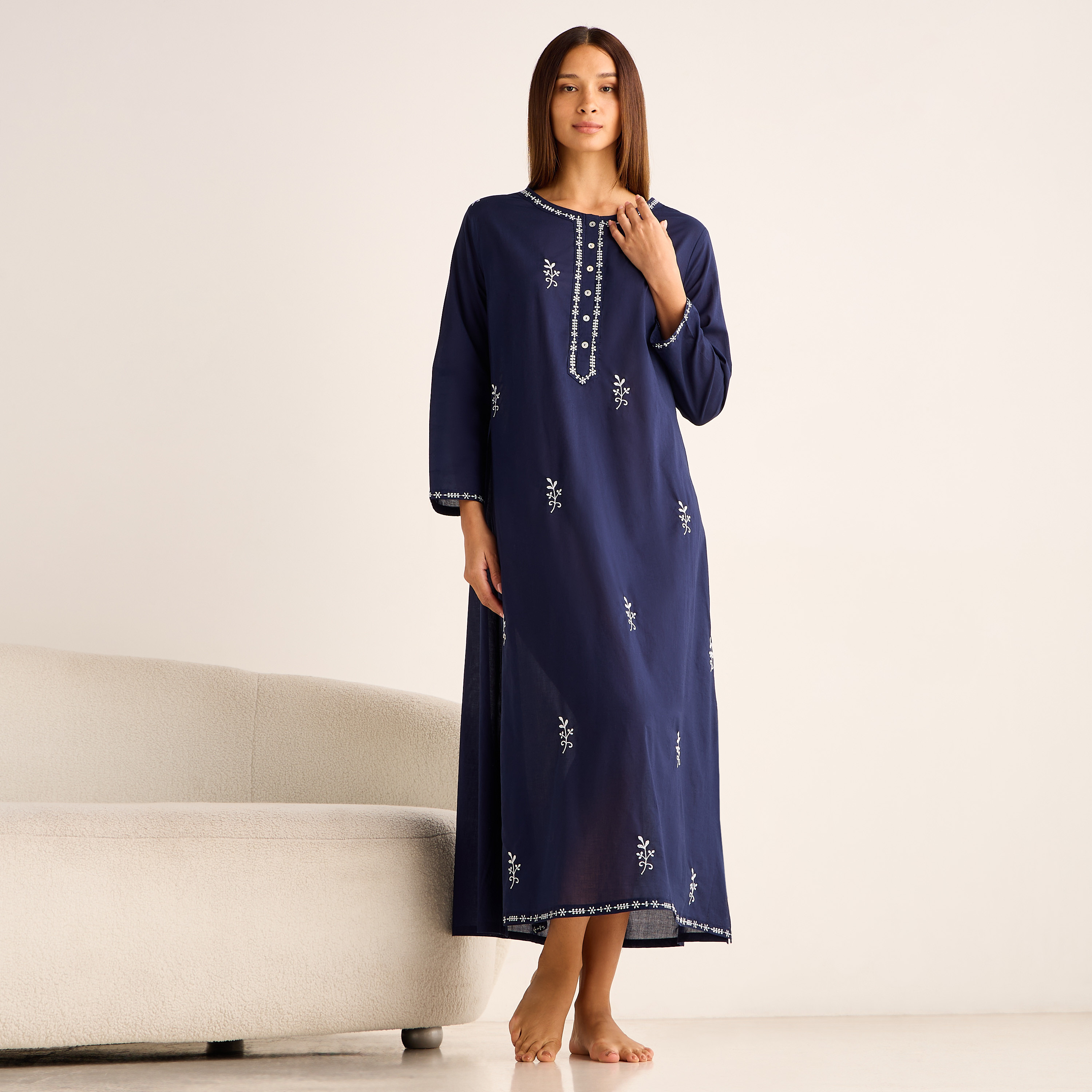 Night Gown Long Sleeves Floral Embroidery Cotton-women-clothing-nightwear-nighties-image-1