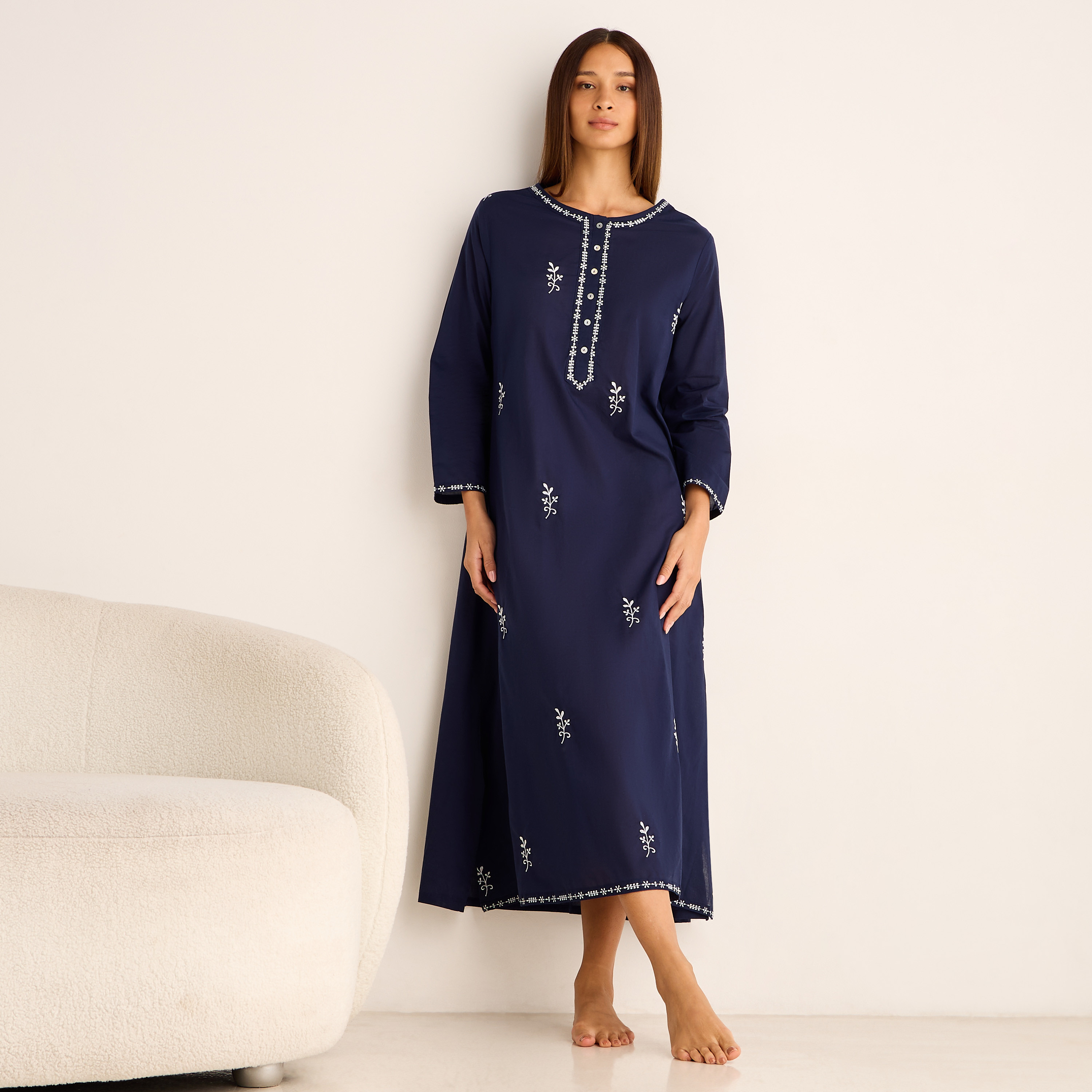 Night Gown Long Sleeves Floral Embroidery Cotton-women-clothing-nightwear-nighties-image-2