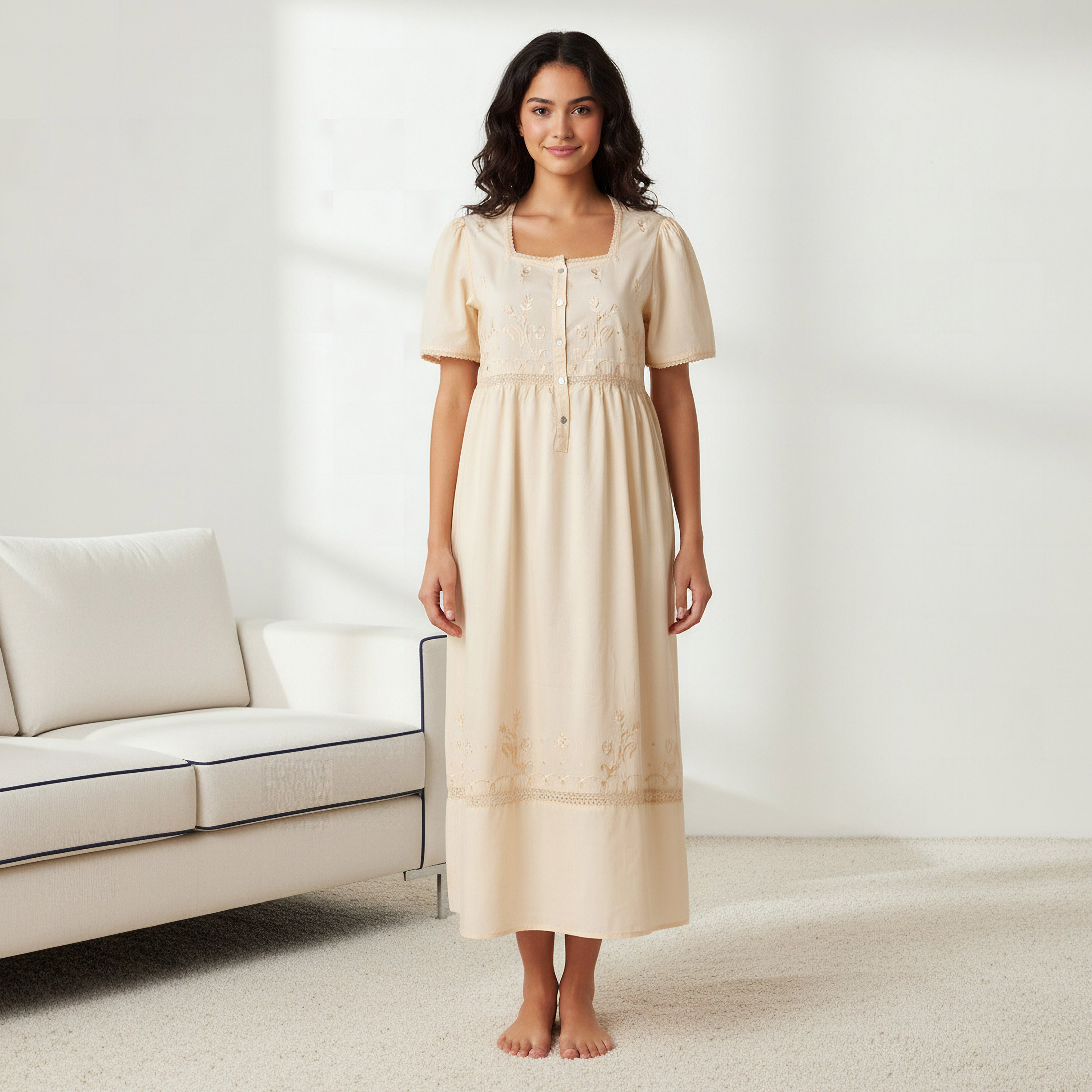 Night Dress with Short Sleeves and Embroidery Cotton-women-clothing-nightwear-nighties-image-1