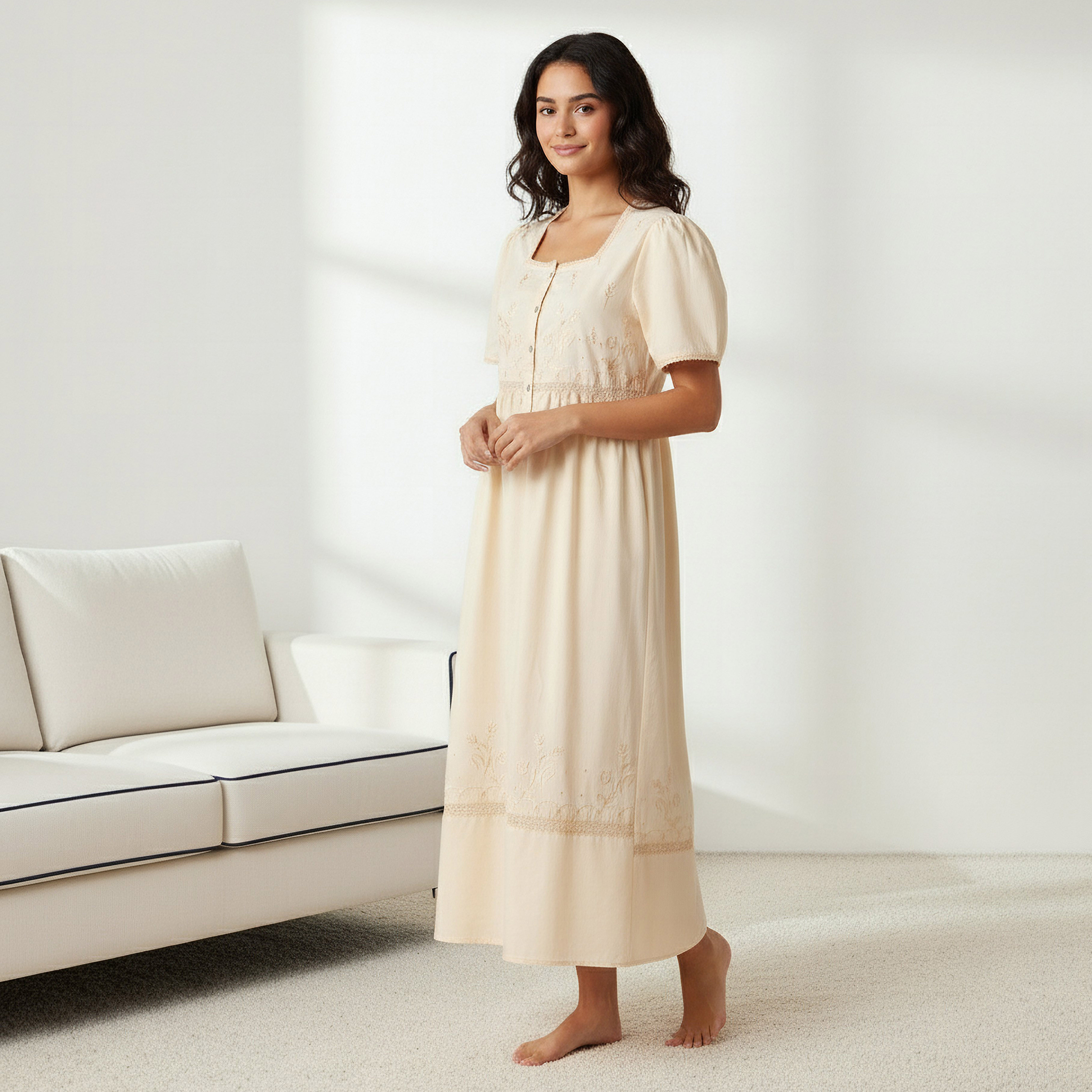 Night Dress with Short Sleeves and Embroidery Cotton-women-clothing-nightwear-nighties-image-2