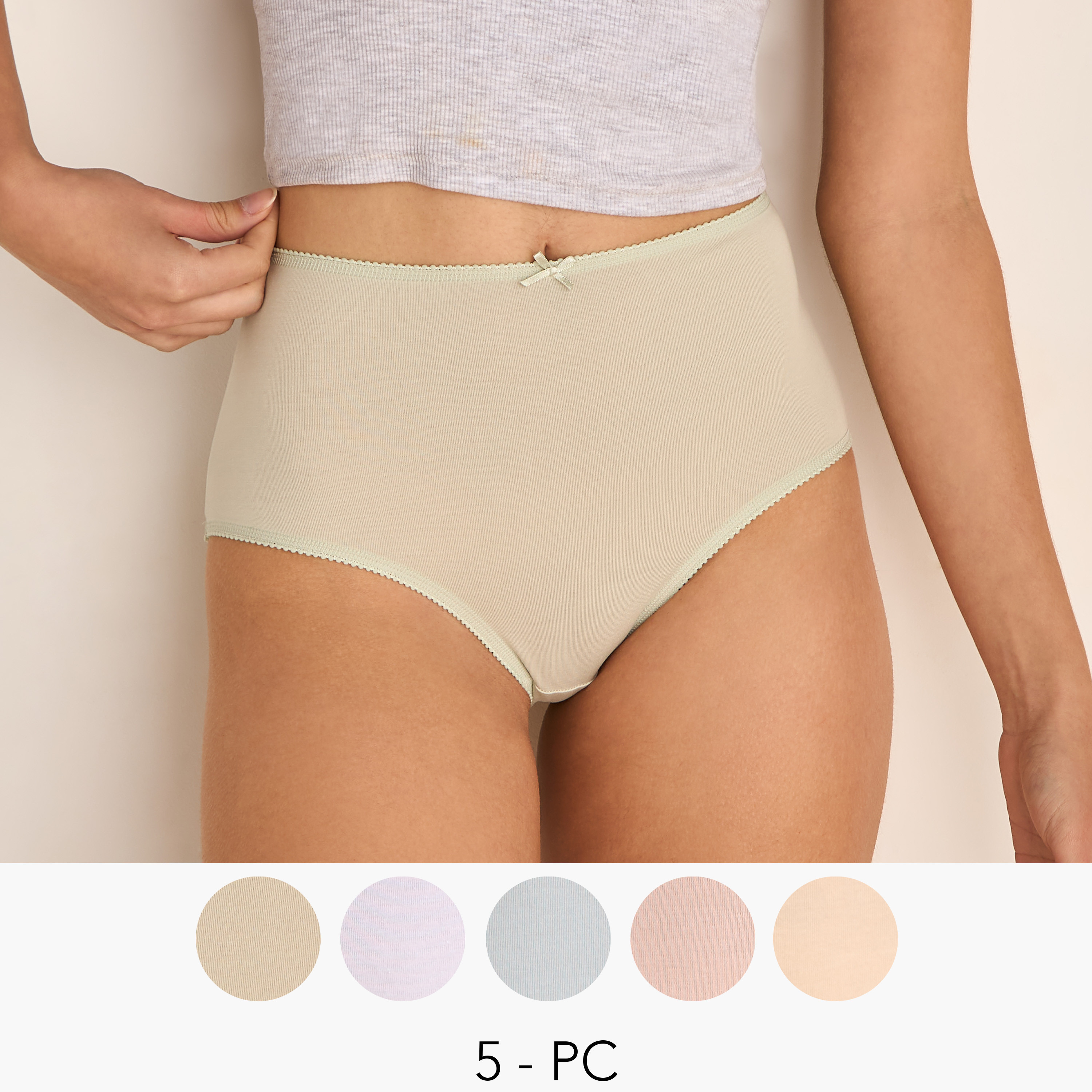 طقم من 5 - سراويل داخلية كاملة بخصر عالي وفيونكة-women-clothing-lingerie-panties-image-1