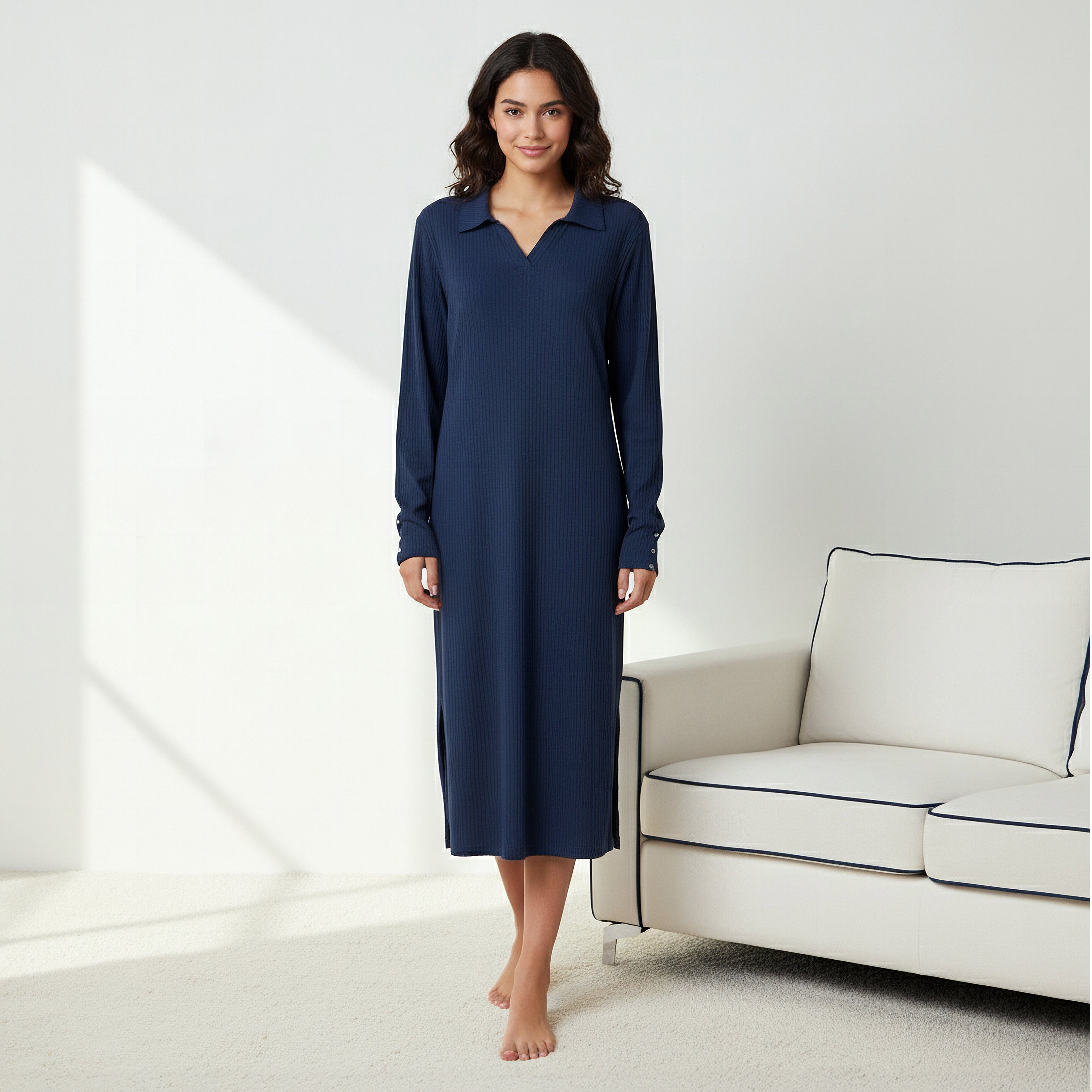 Night Dress with Long Sleeves and Collar-women-clothing-nightwear-nighties-image-1