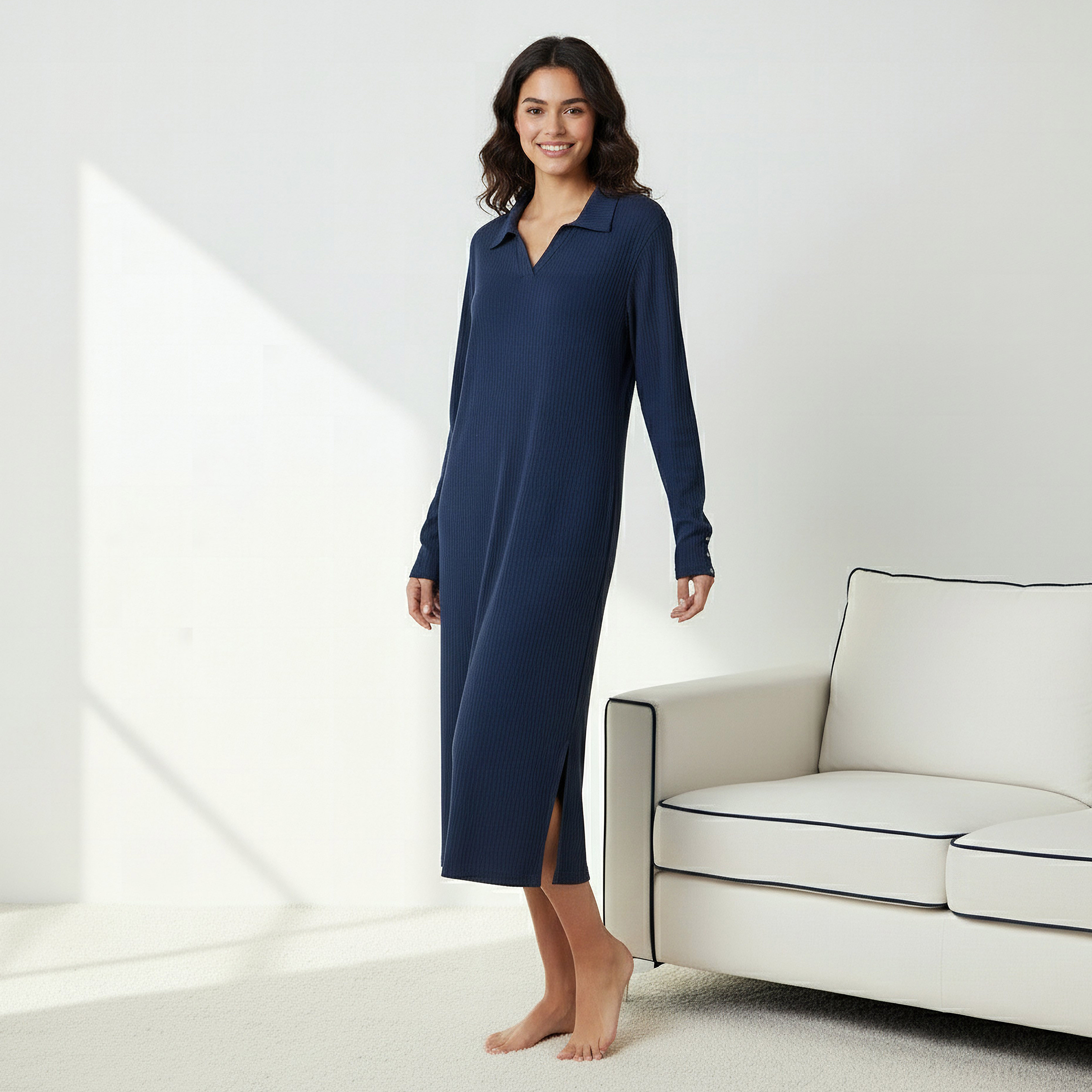 Night Dress with Long Sleeves and Collar-women-clothing-nightwear-nighties-image-2
