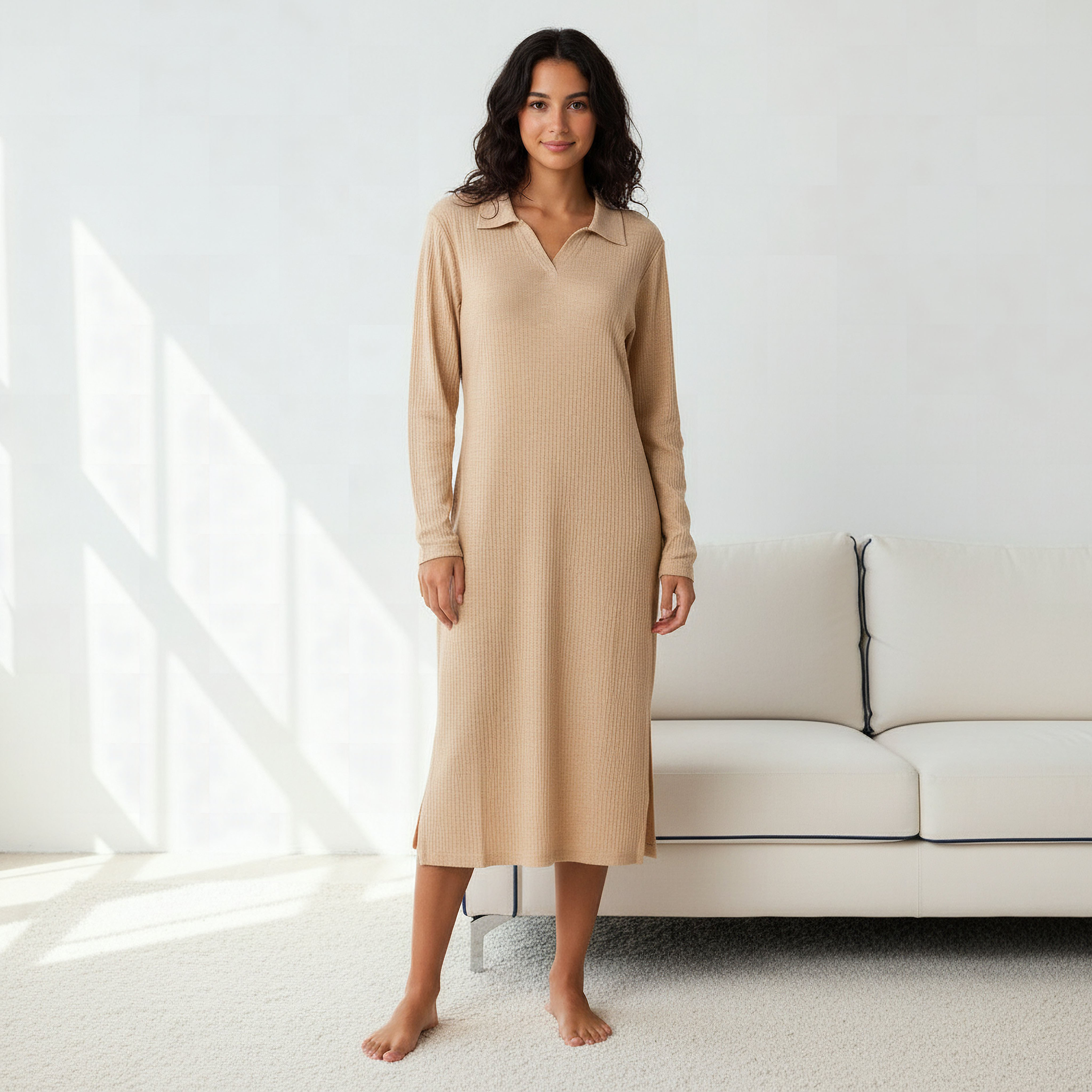 Night Dress with Long Sleeves and Collar-women-clothing-nightwear-nighties-image-1