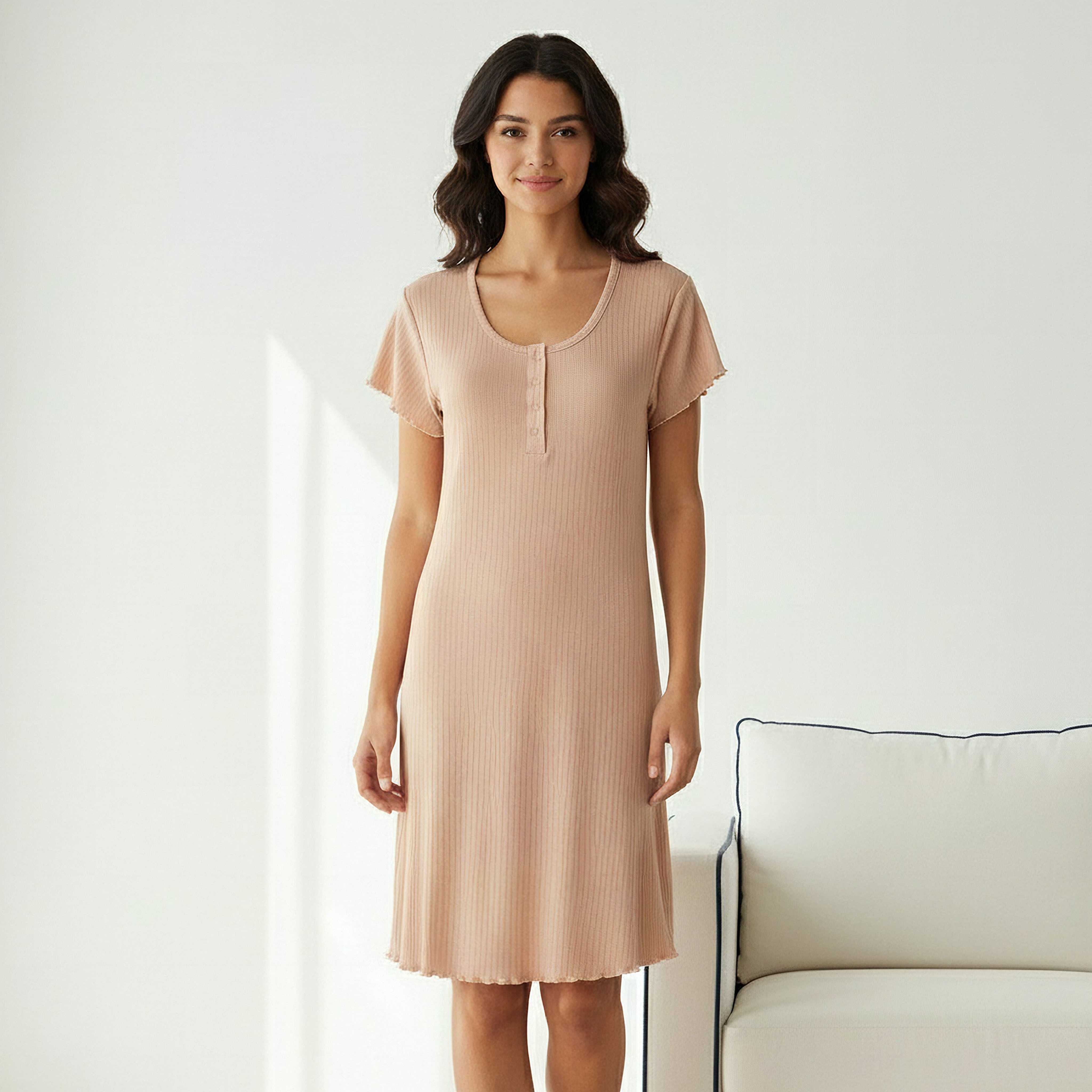 Night Dress with Short Sleeves and Ribbed Design-women-clothing-nightwear-nighties-image-1