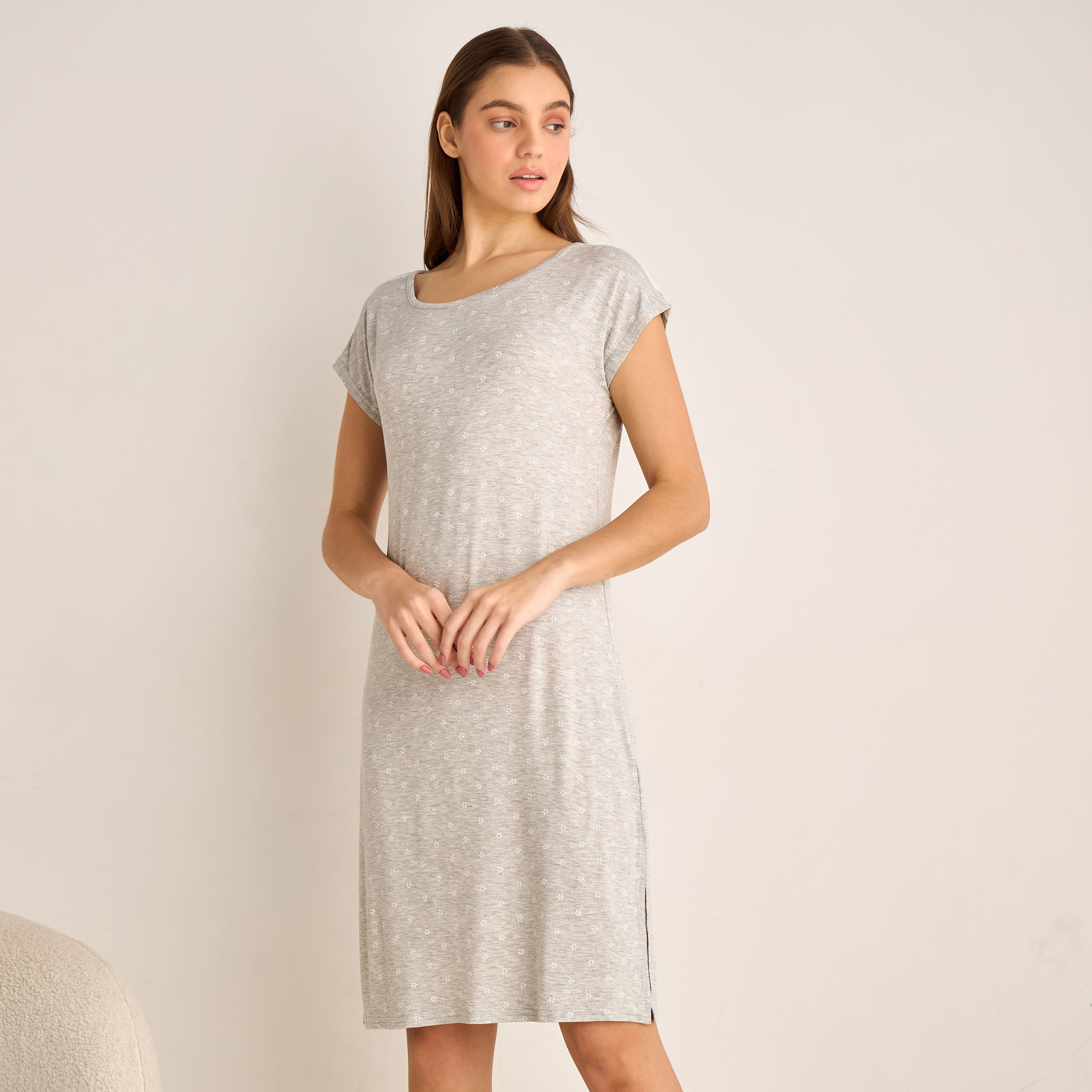Night Dress Short Sleeves Floral Print-women-clothing-nightwear-nighties-image-1